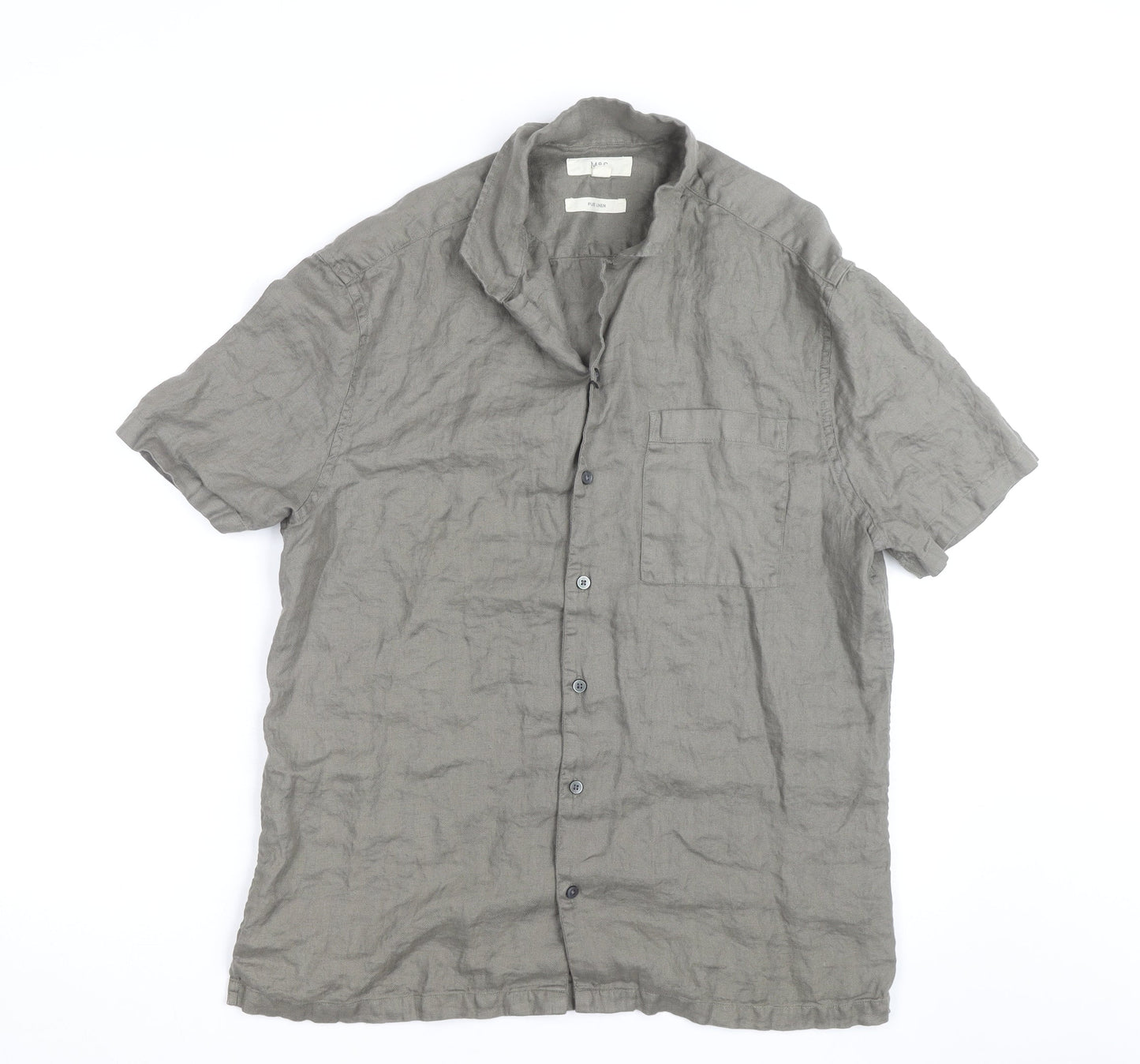 Marks and Spencer Men's Grey Linen Short Sleeve Button-Up Shirt Size M