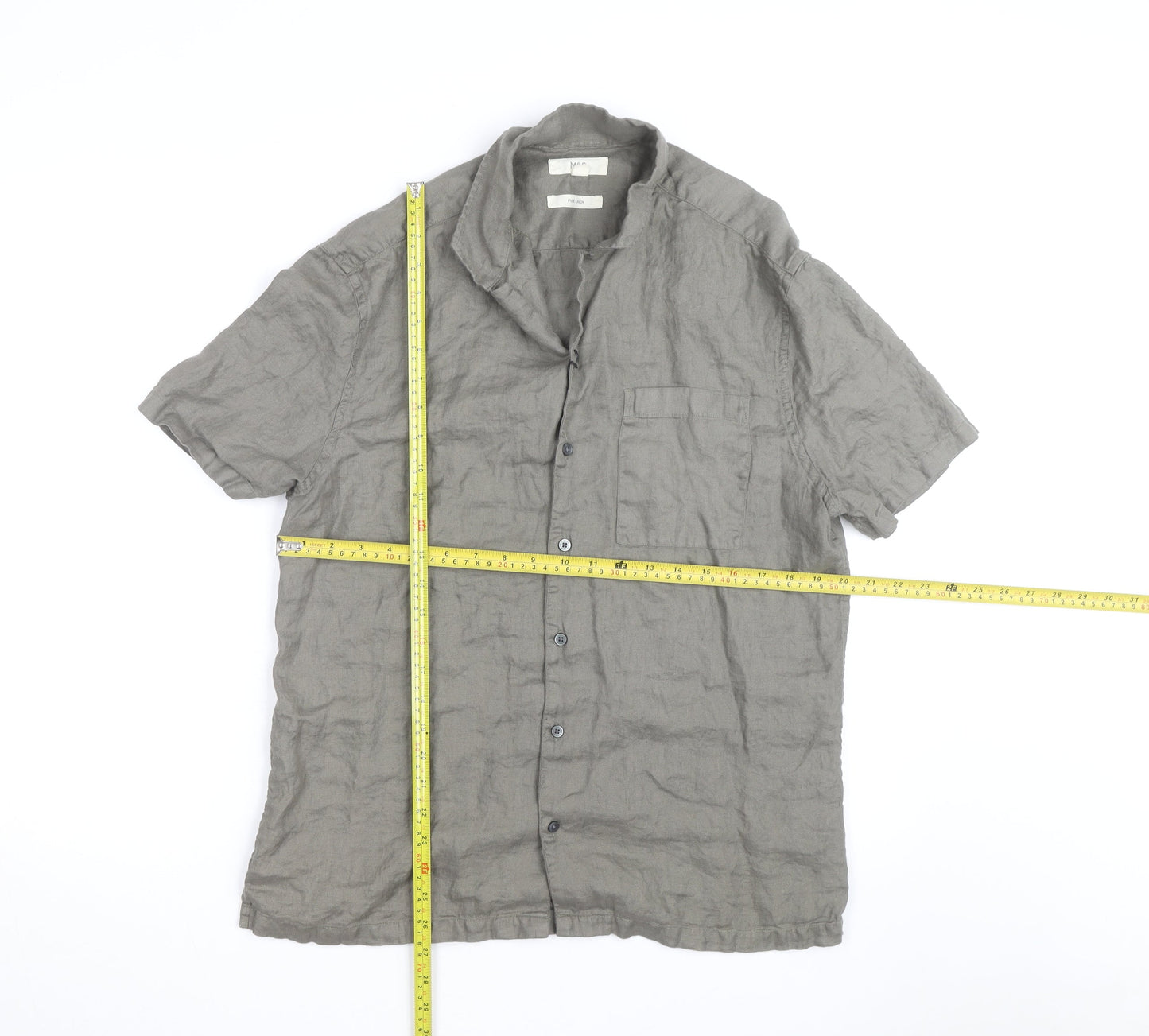 Marks and Spencer Men's Grey Linen Short Sleeve Button-Up Shirt Size M