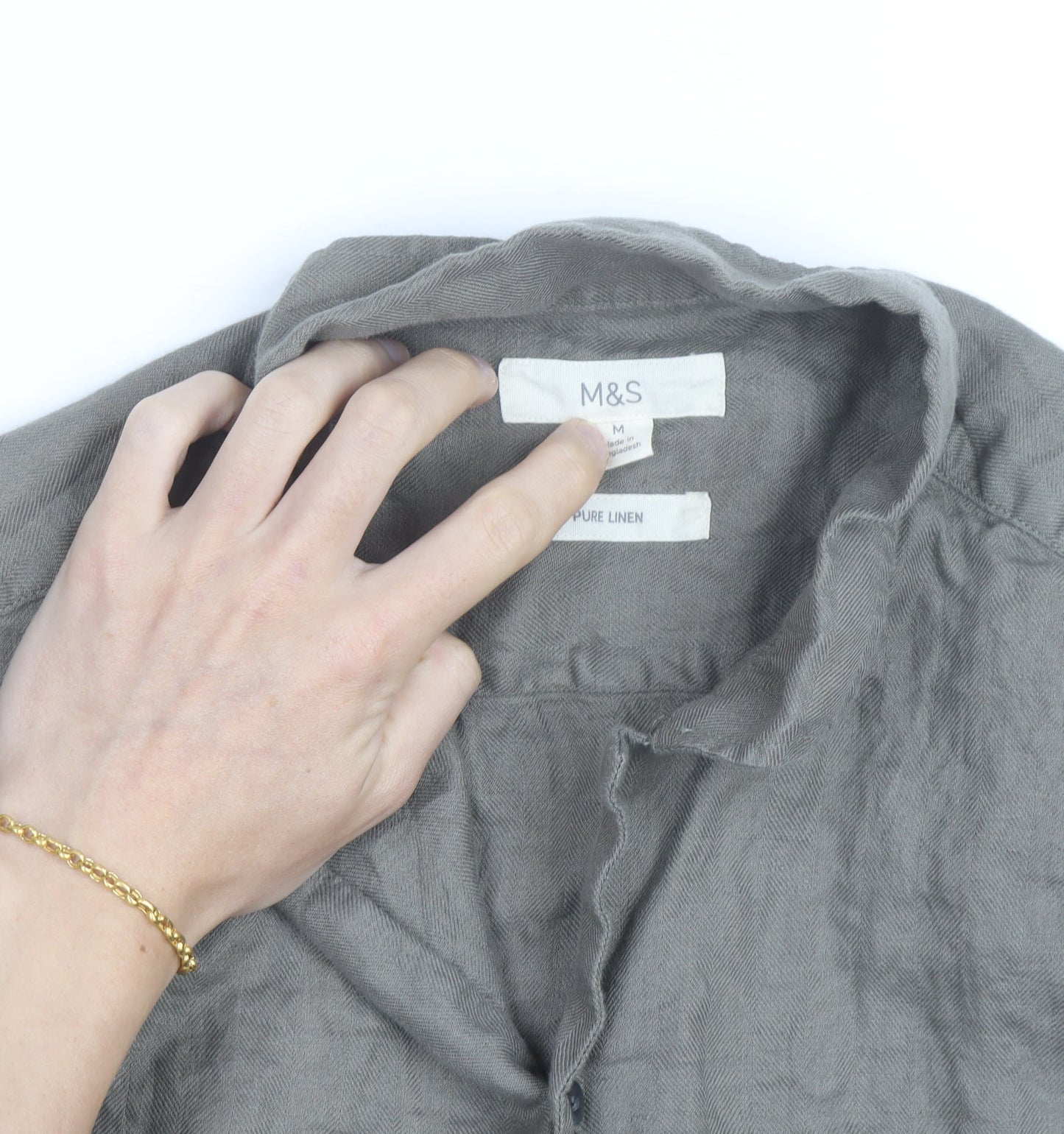 Marks and Spencer Men's Grey Linen Short Sleeve Button-Up Shirt Size M