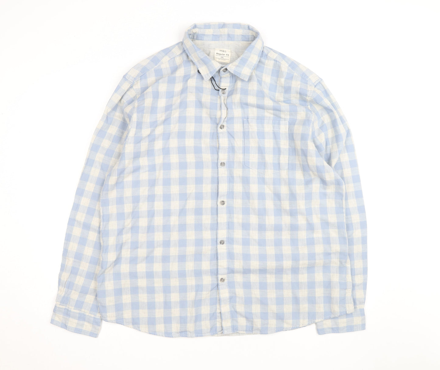 Marks and Spencer Men's Blue Check Regular Fit 2XL Long Sleeve Shirt