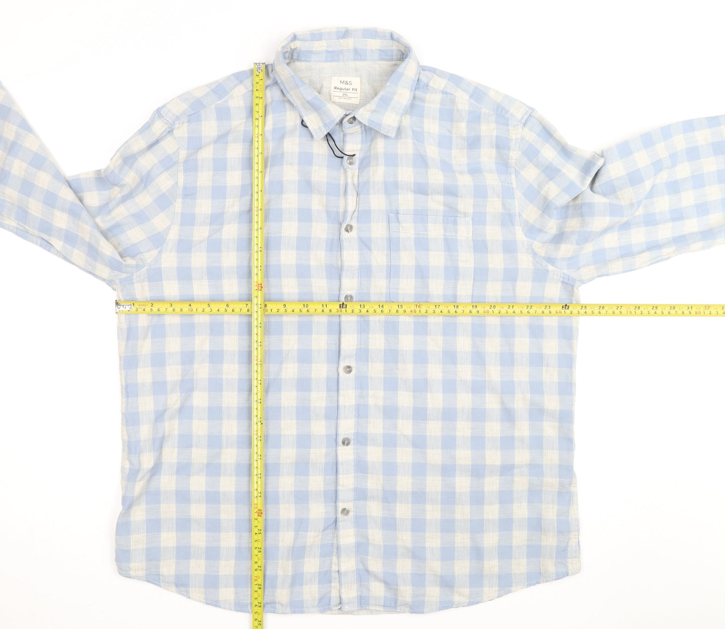 Marks and Spencer Men's Blue Check Regular Fit 2XL Long Sleeve Shirt
