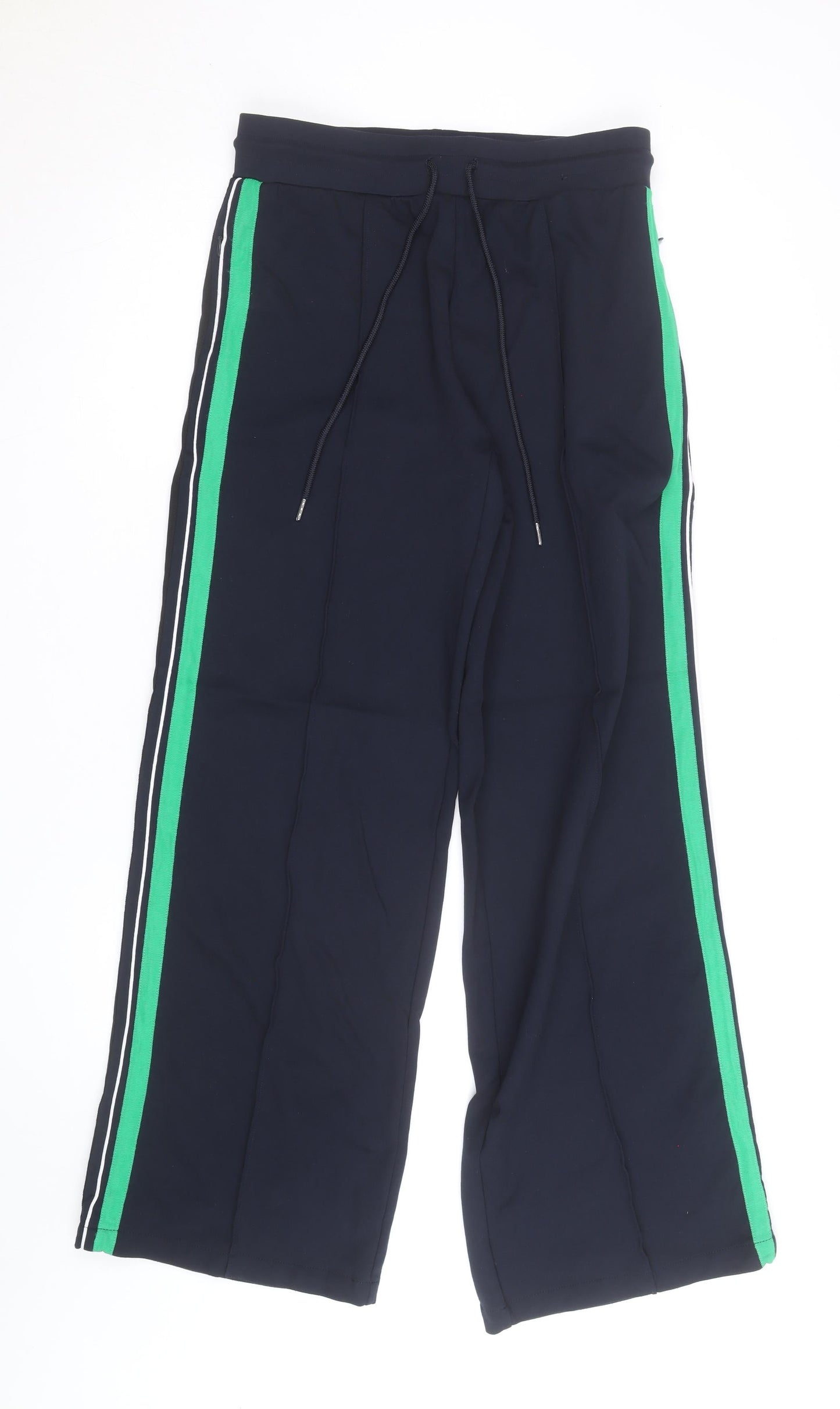 Marks and Spencer Womens Navy Green Stripe Wide-Leg Jogger Trousers Size 12