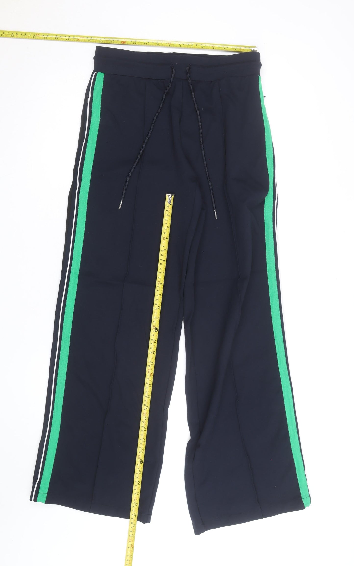 Marks and Spencer Womens Navy Green Stripe Wide-Leg Jogger Trousers Size 12