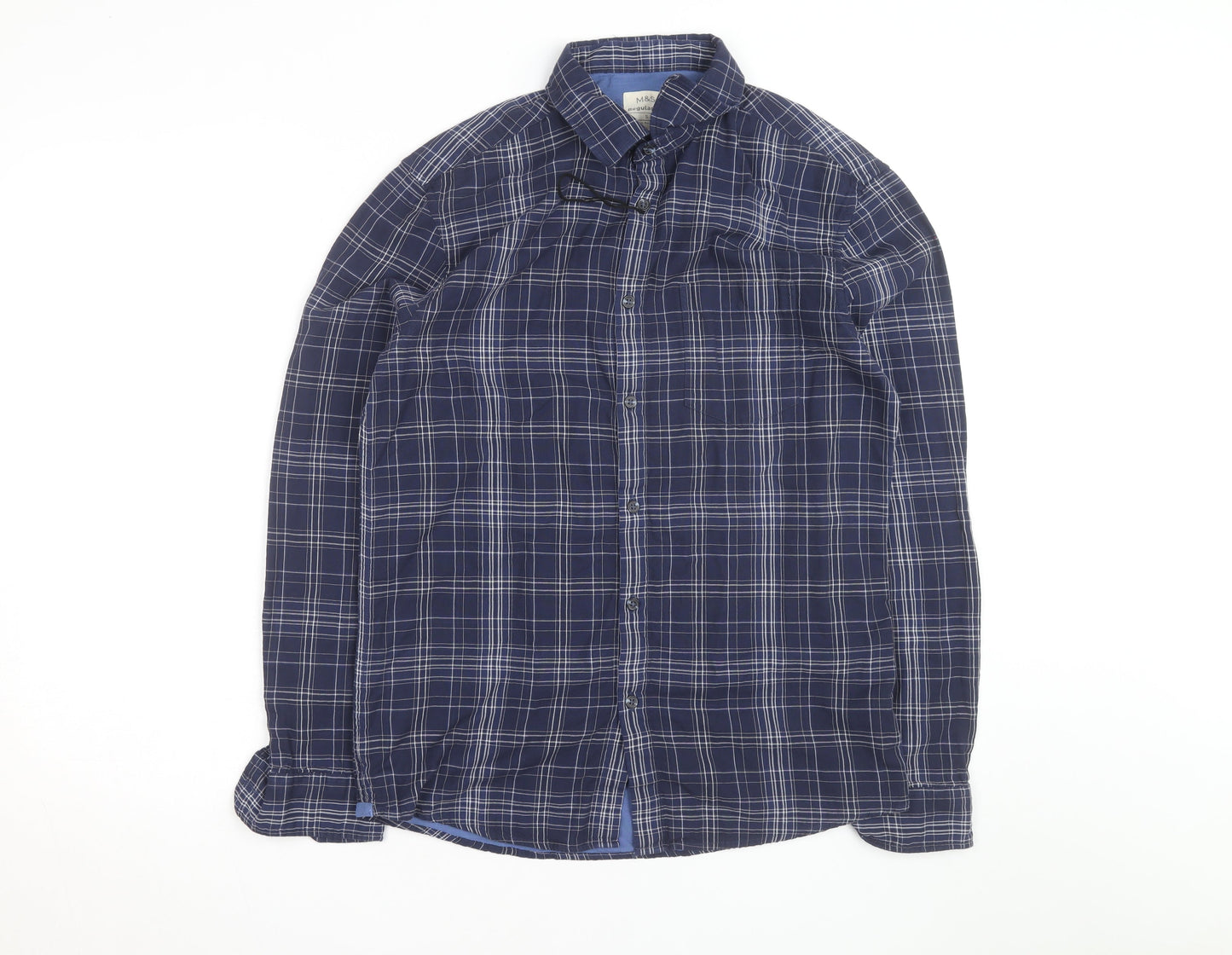 Marks and Spencer Men’s Blue Check Regular Fit Cotton Long Sleeve Shirt S