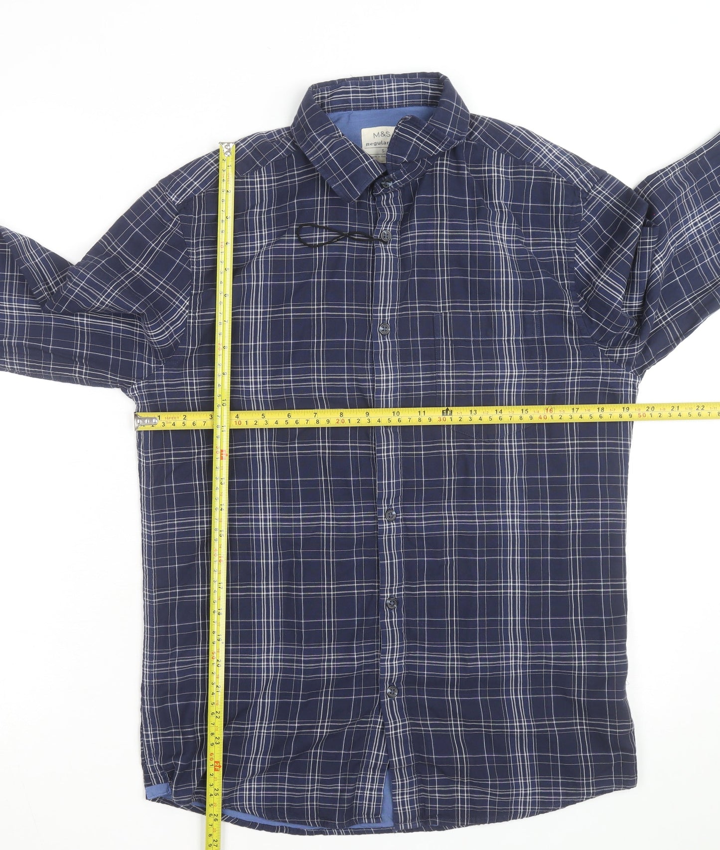 Marks and Spencer Men’s Blue Check Regular Fit Cotton Long Sleeve Shirt S