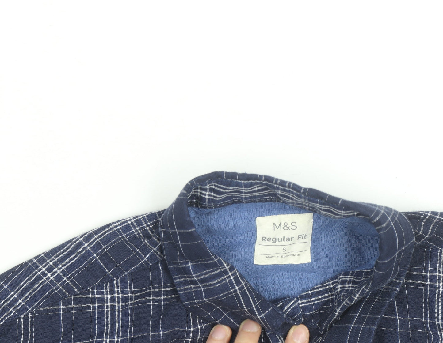 Marks and Spencer Men’s Blue Check Regular Fit Cotton Long Sleeve Shirt S