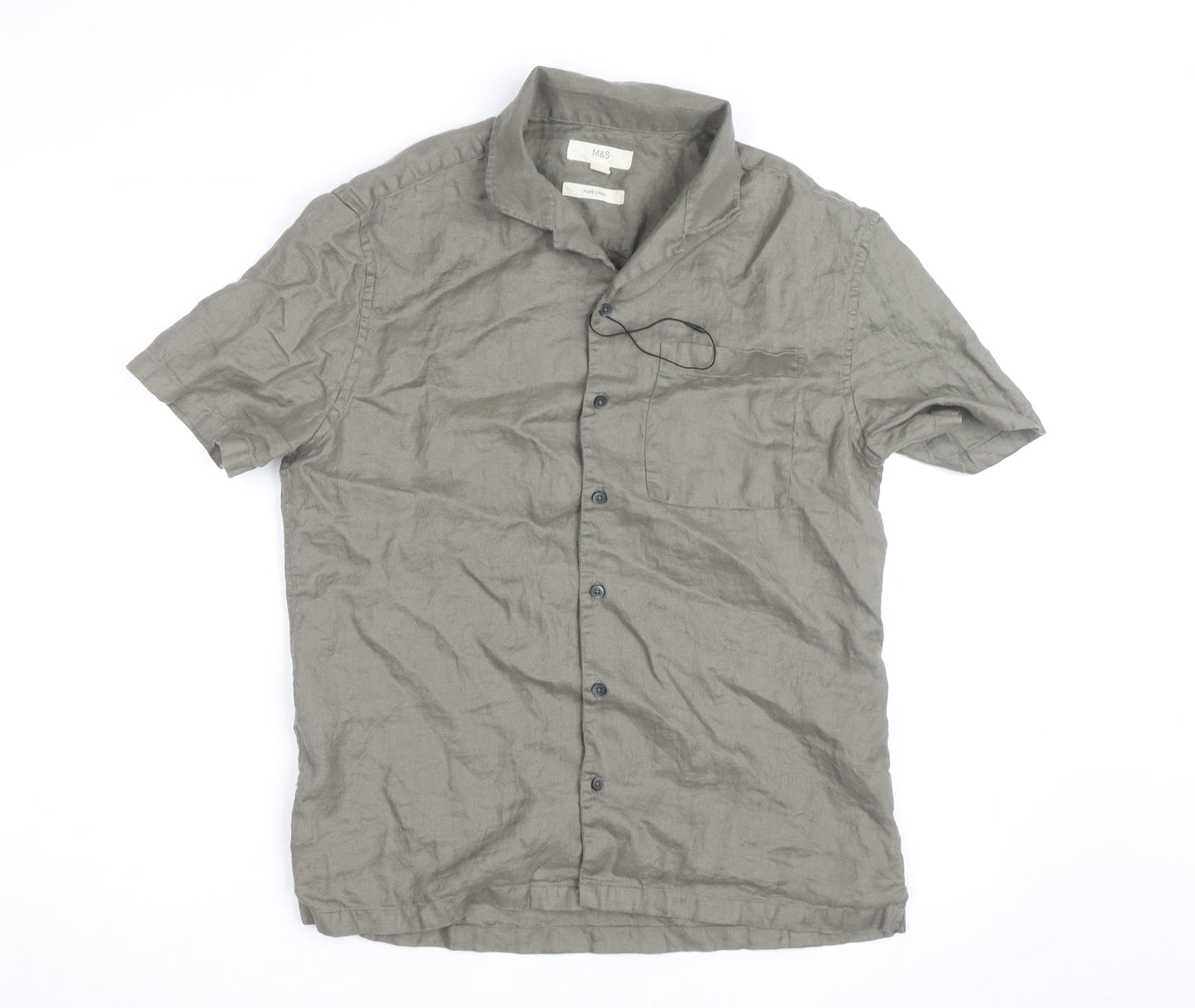 Marks and Spencer Men's Grey Linen Short Sleeve Button-Up Shirt S