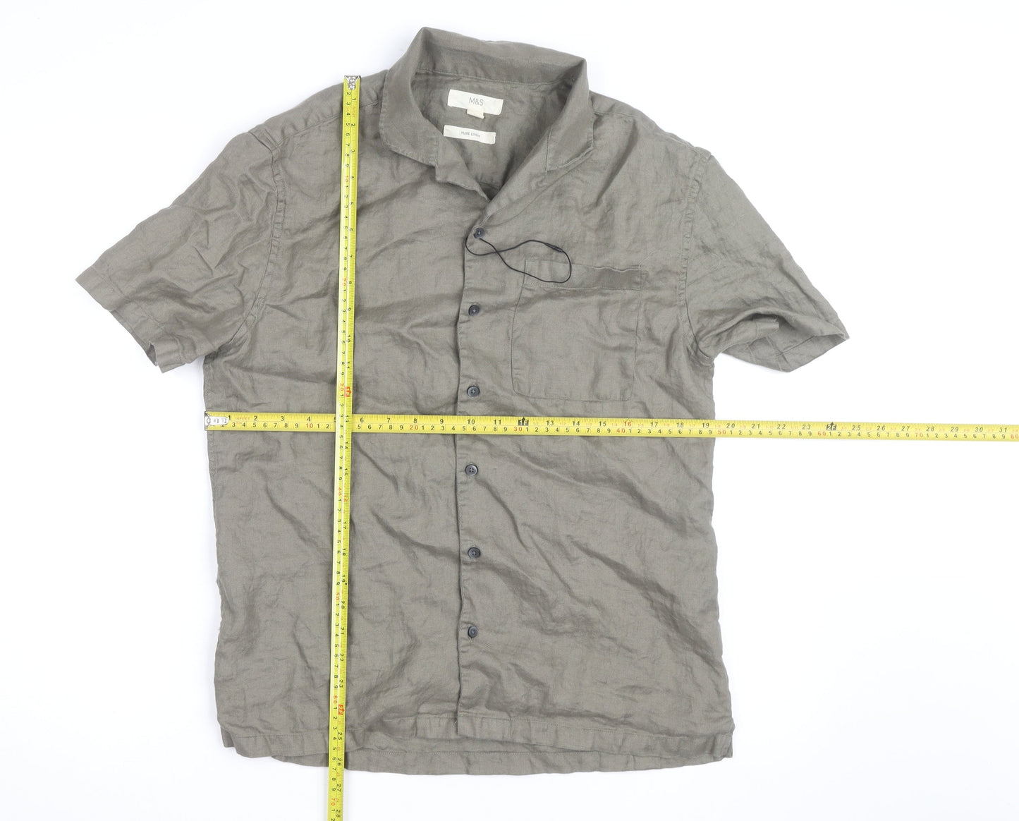 Marks and Spencer Men's Grey Linen Short Sleeve Button-Up Shirt S
