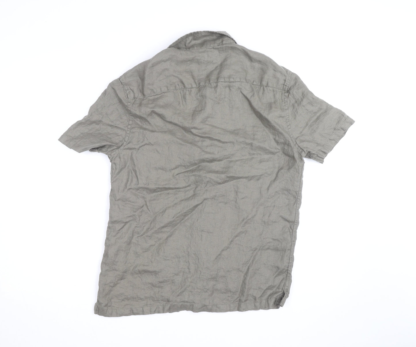 Marks and Spencer Men's Grey Linen Short Sleeve Button-Up Shirt S