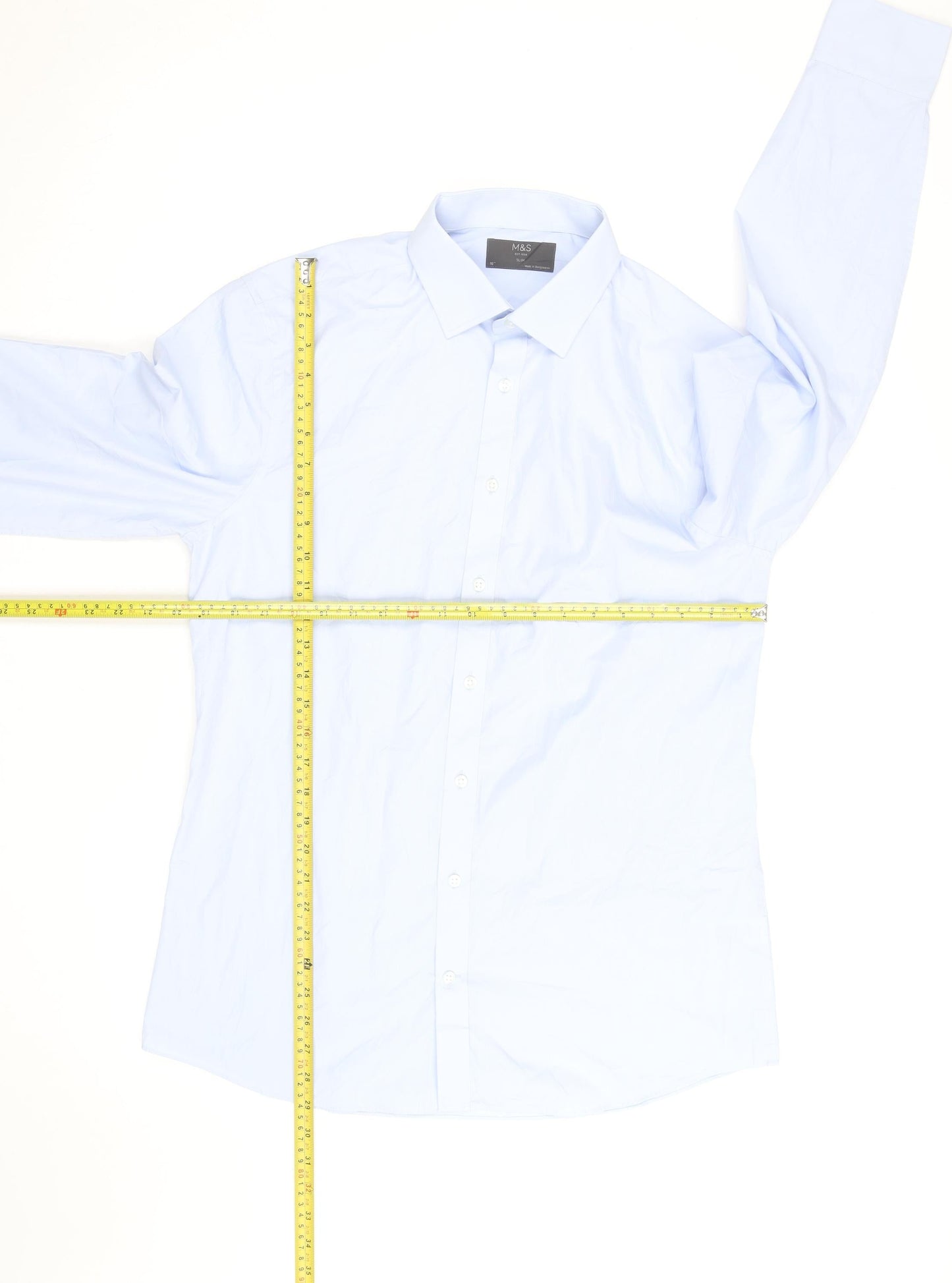 Marks and Spencer Men's Blue Slim Fit Long Sleeve Button-Up Shirt Size 16
