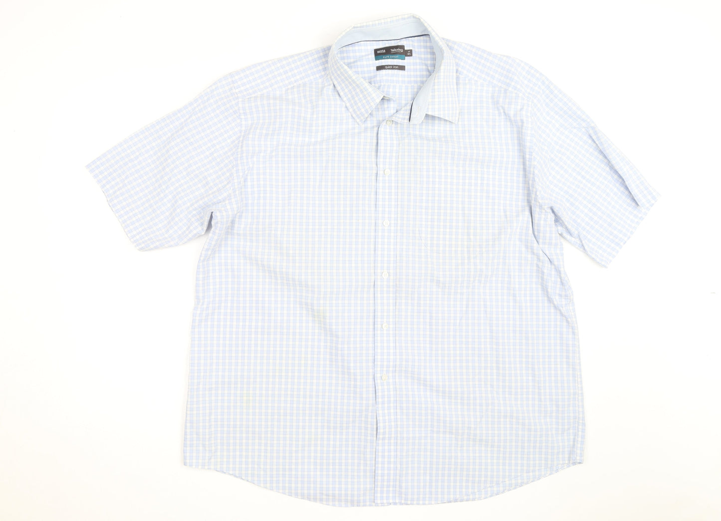 Marks and Spencer Men's Blue Check Cotton Short Sleeve Button-Up Shirt 18.5in