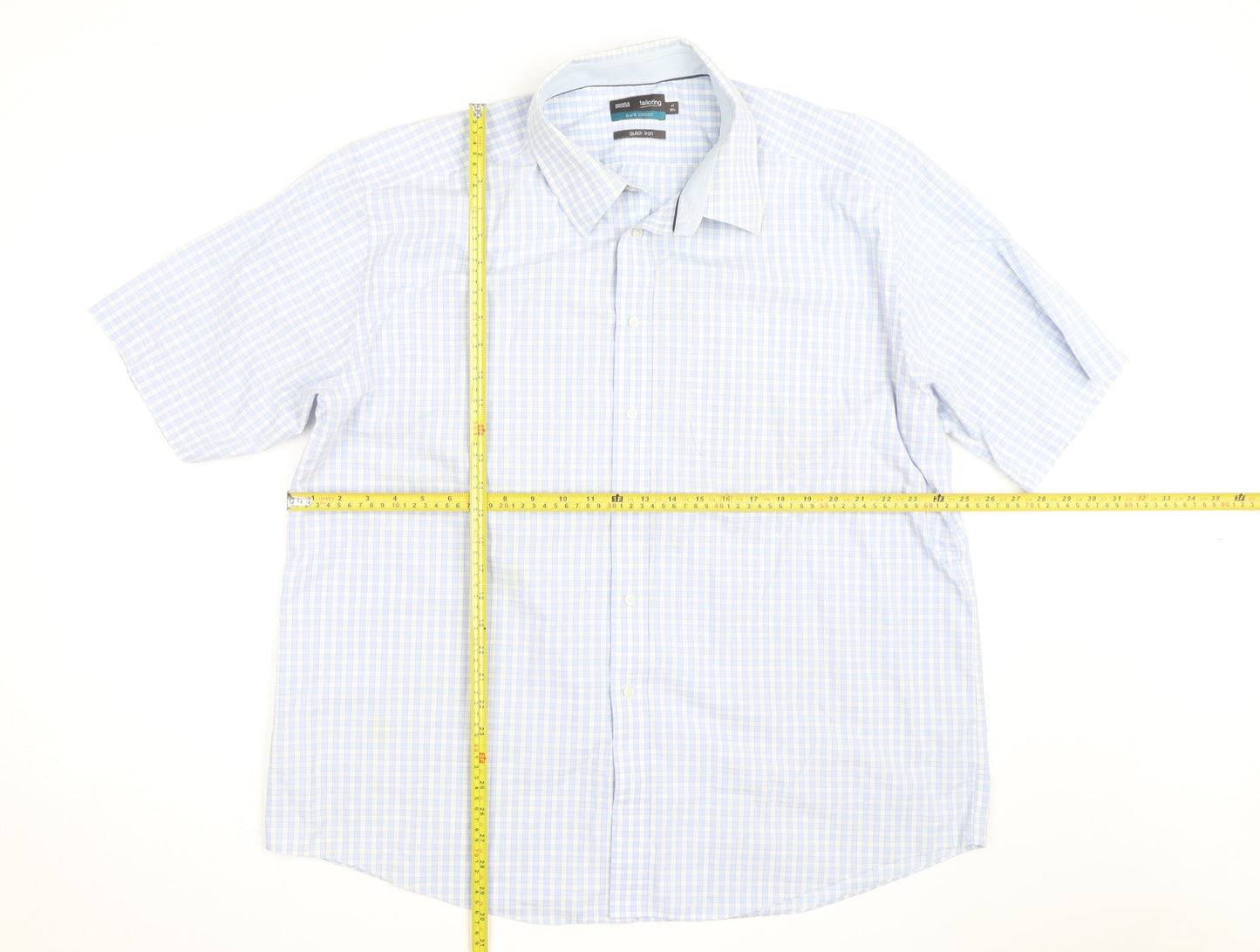 Marks and Spencer Men's Blue Check Cotton Short Sleeve Button-Up Shirt 18.5in