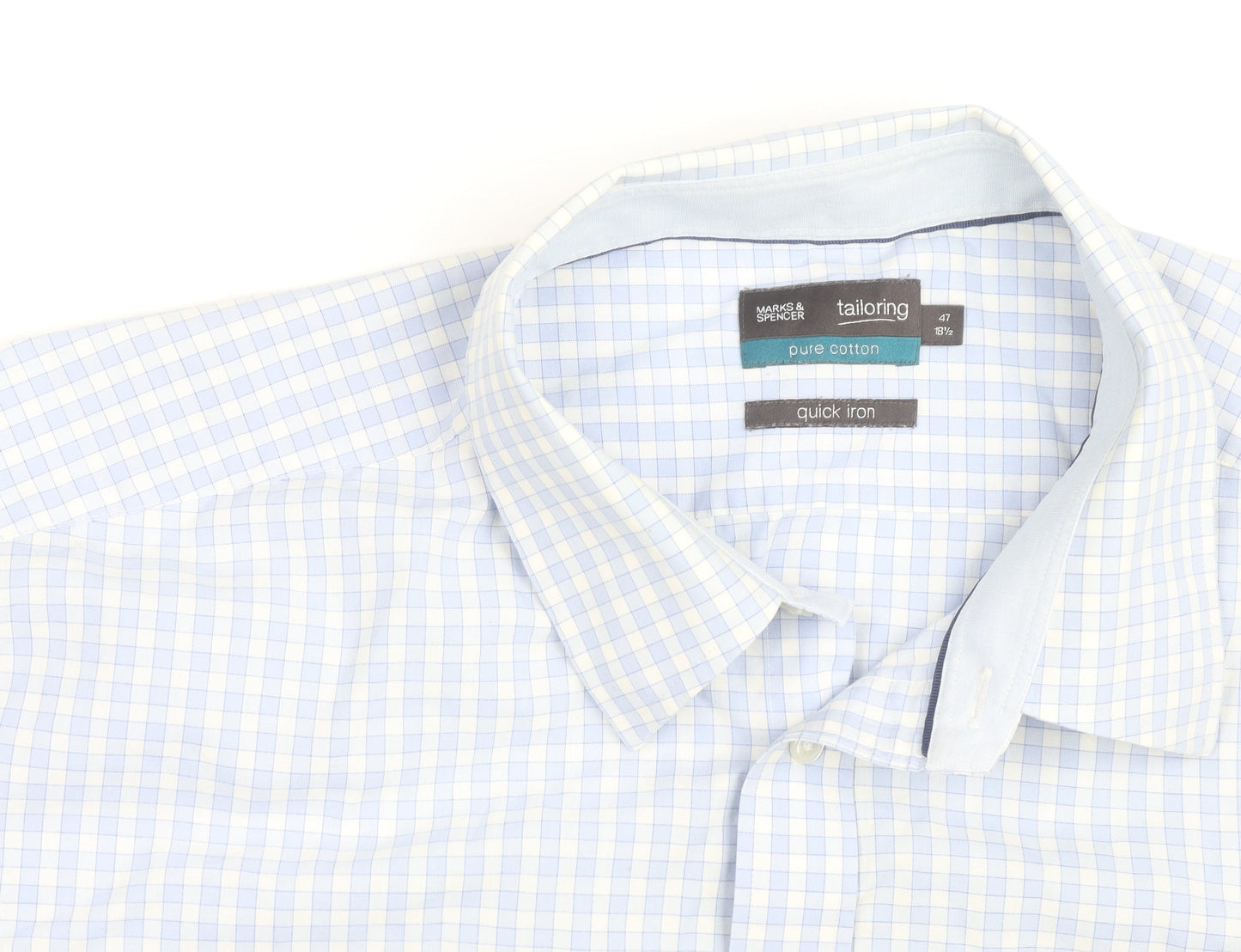 Marks and Spencer Men's Blue Check Cotton Short Sleeve Button-Up Shirt 18.5in