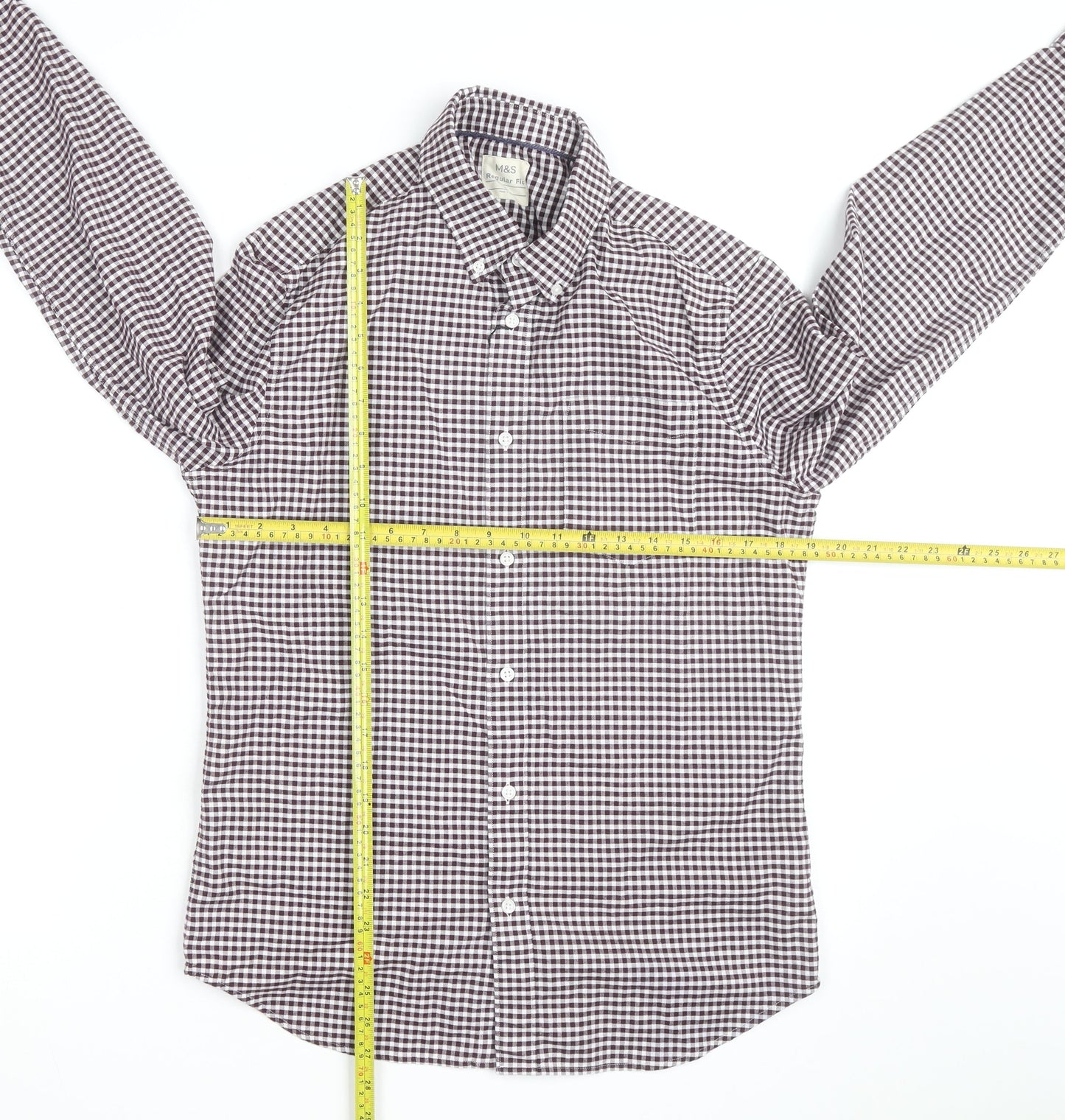 Marks and Spencer Men's Brown Check Regular Fit Long Sleeve Cotton Shirt Size M