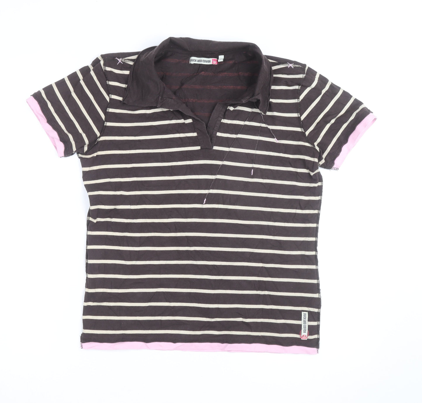 Duck and Cover Women's Brown Striped Polo Shirt L Cotton Blend
