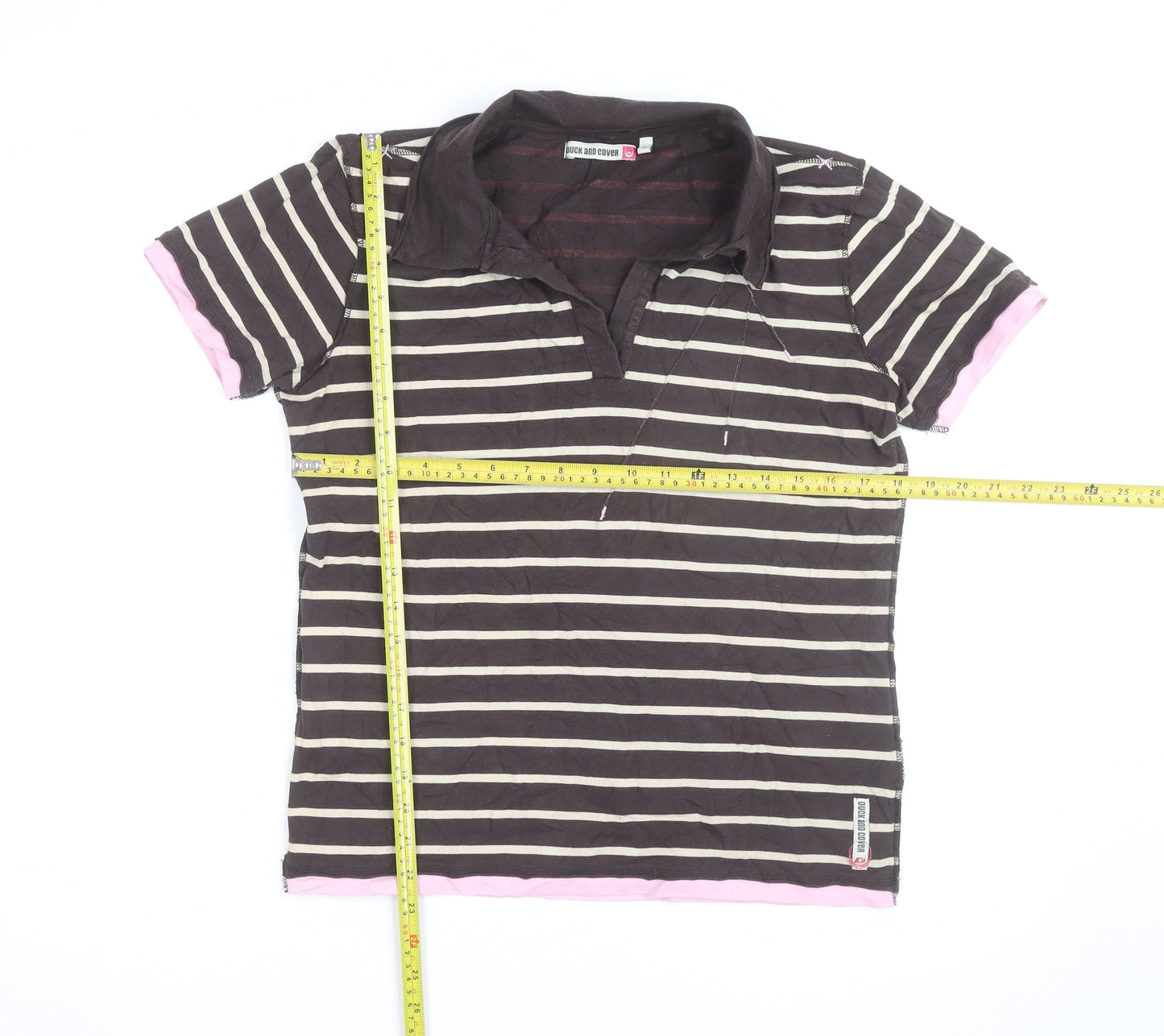 Duck and Cover Women's Brown Striped Polo Shirt L Cotton Blend