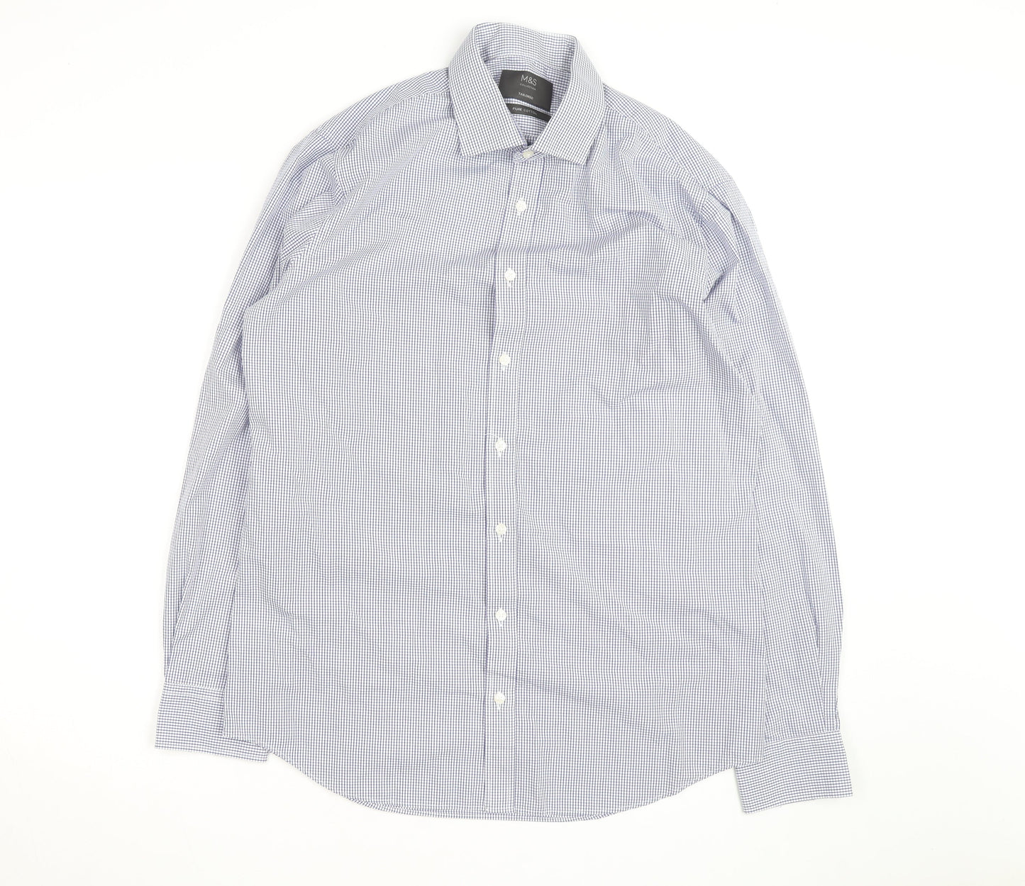 Marks and Spencer Men's Blue Check Tailored Cotton Long Sleeve Shirt M
