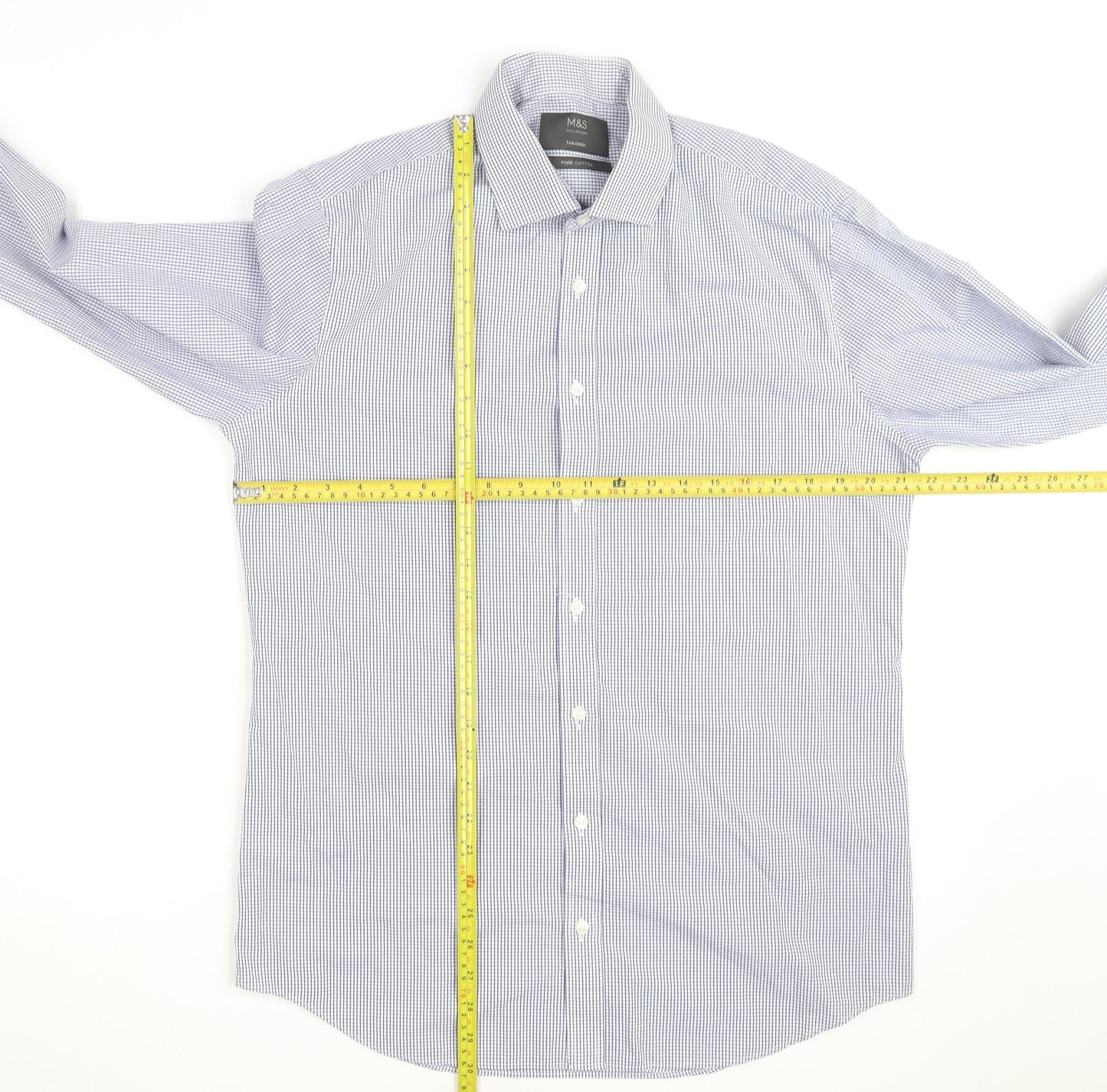 Marks and Spencer Men's Blue Check Tailored Cotton Long Sleeve Shirt M