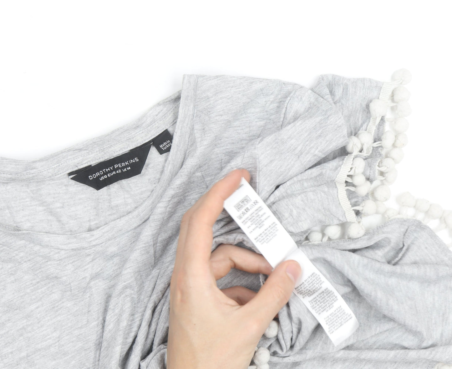 Dorothy Perkins Womens Grey Pom Pom Trim T-Shirt Size 14