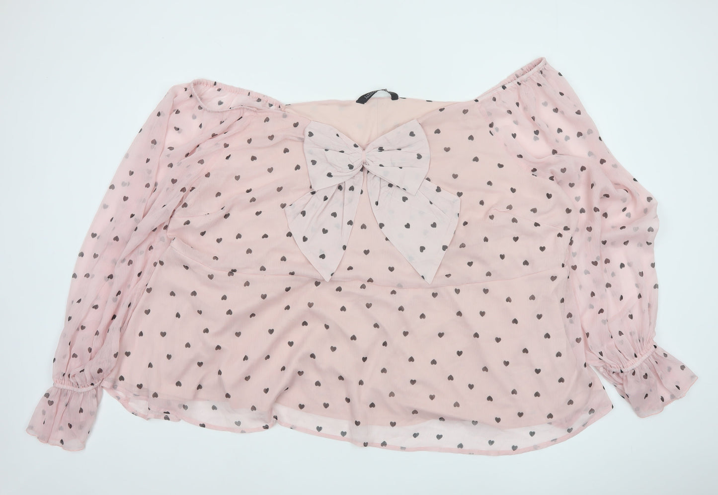 Yours Womens Pink Heart Print Chiffon Bow Blouse Plus Size 30-32