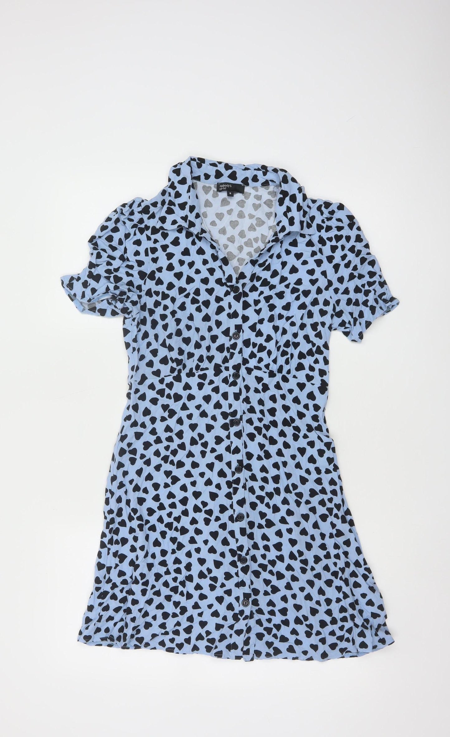 Nobody's Child Blue Heart Print Short Sleeve Shirt Dress UK 8