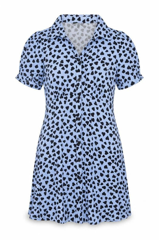Nobody's Child Blue Heart Print Short Sleeve Shirt Dress UK 8