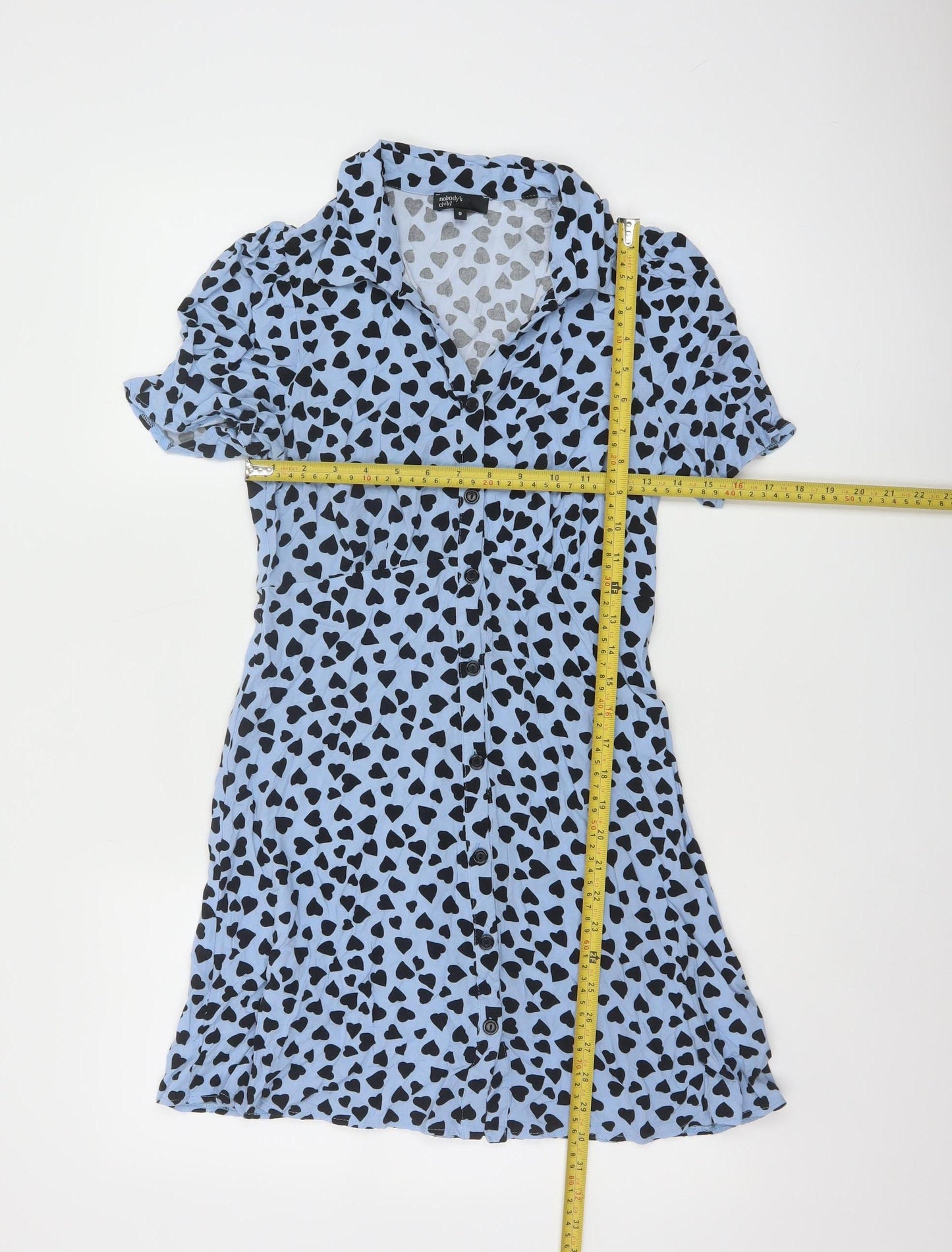 Nobody's Child Blue Heart Print Short Sleeve Shirt Dress UK 8