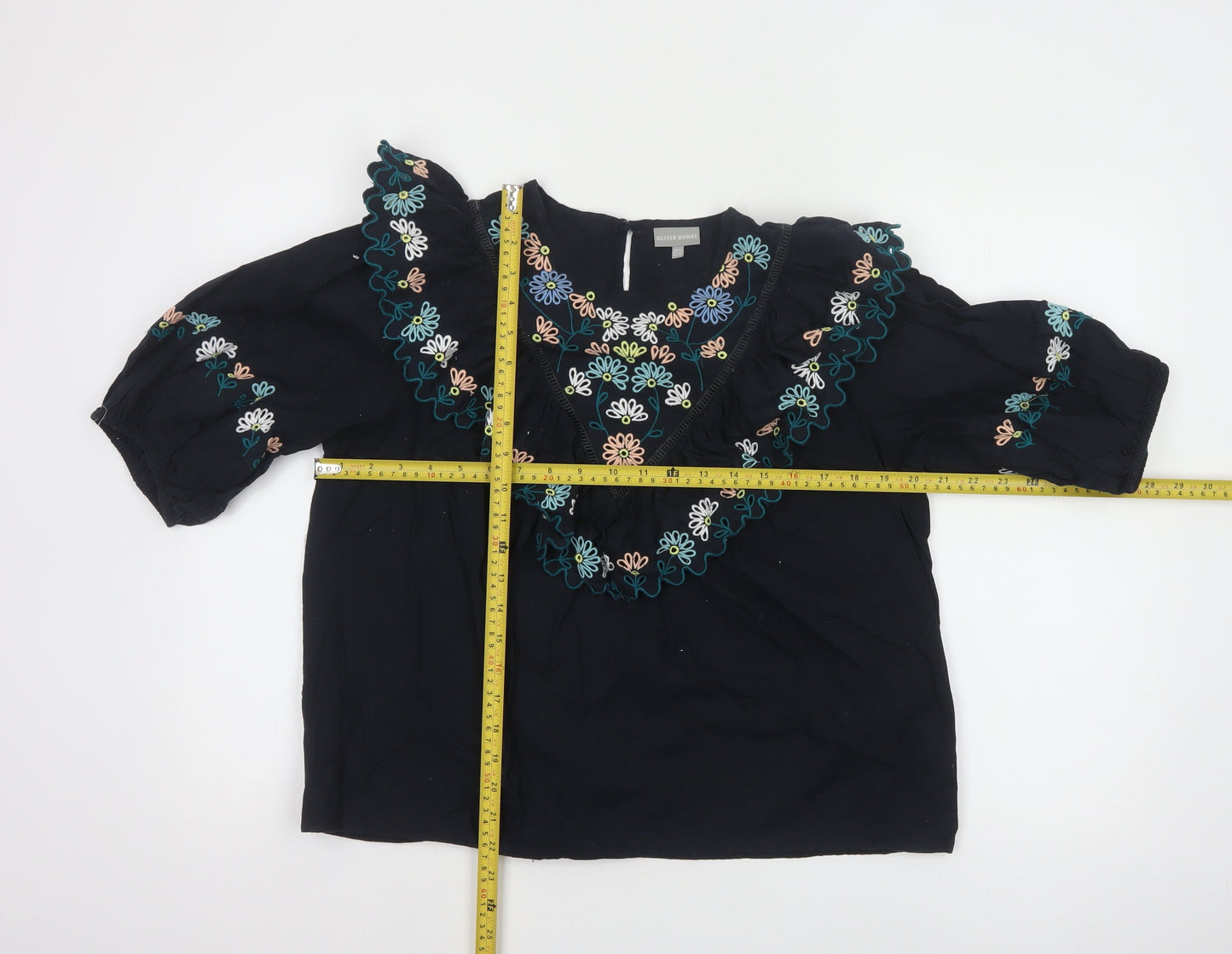 Oliver Bonas Women Black Embroidered 3/4 Sleeve Cotton Tunic Blouse UK14