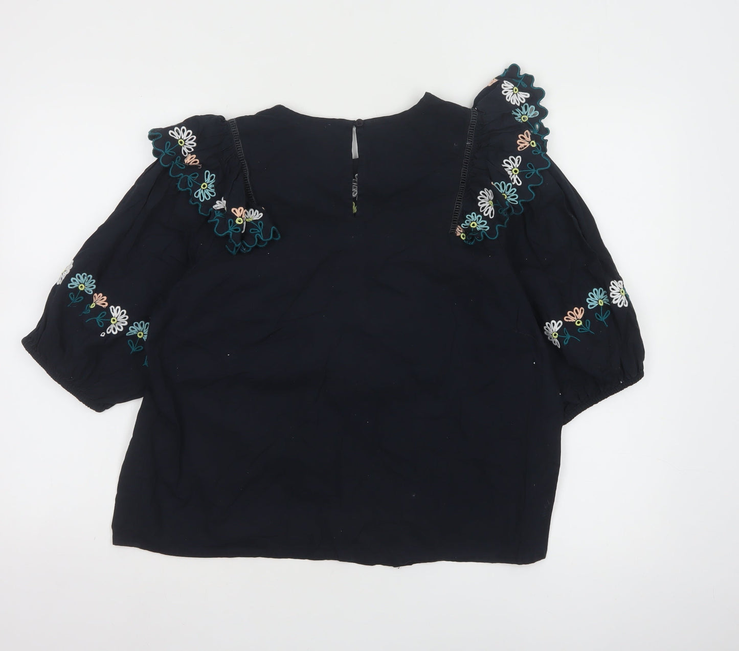 Oliver Bonas Women Black Embroidered 3/4 Sleeve Cotton Tunic Blouse UK14