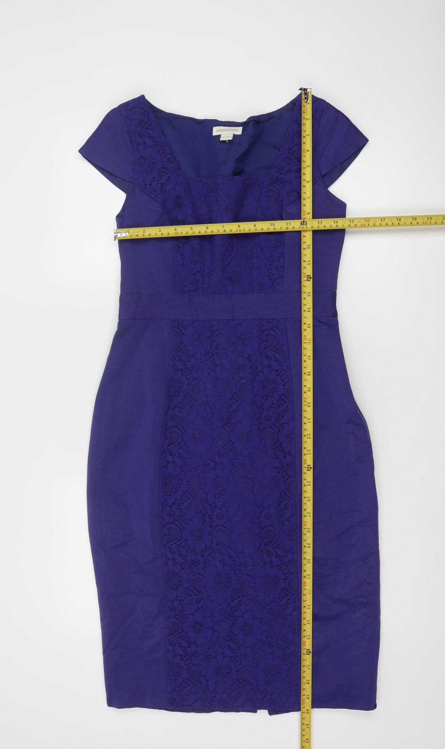 Monsoon Women Blue Lace Sheath Dress UK 10 Scoop Neck Knee Length