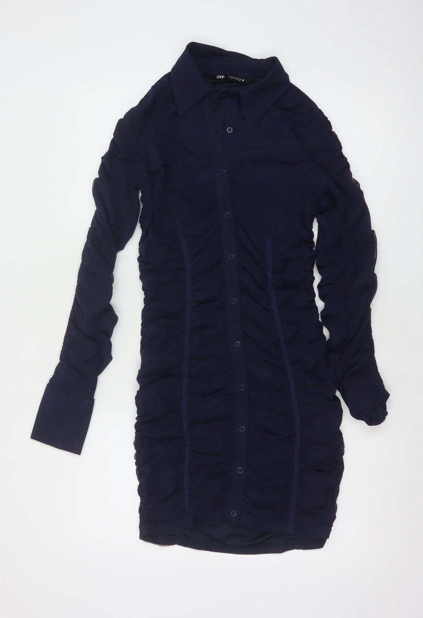 Zara Women Blue Size 10 Ruched Long Sleeve Shirt Dress