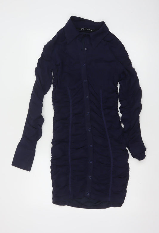 Zara Women Blue Size 10 Ruched Long Sleeve Shirt Dress