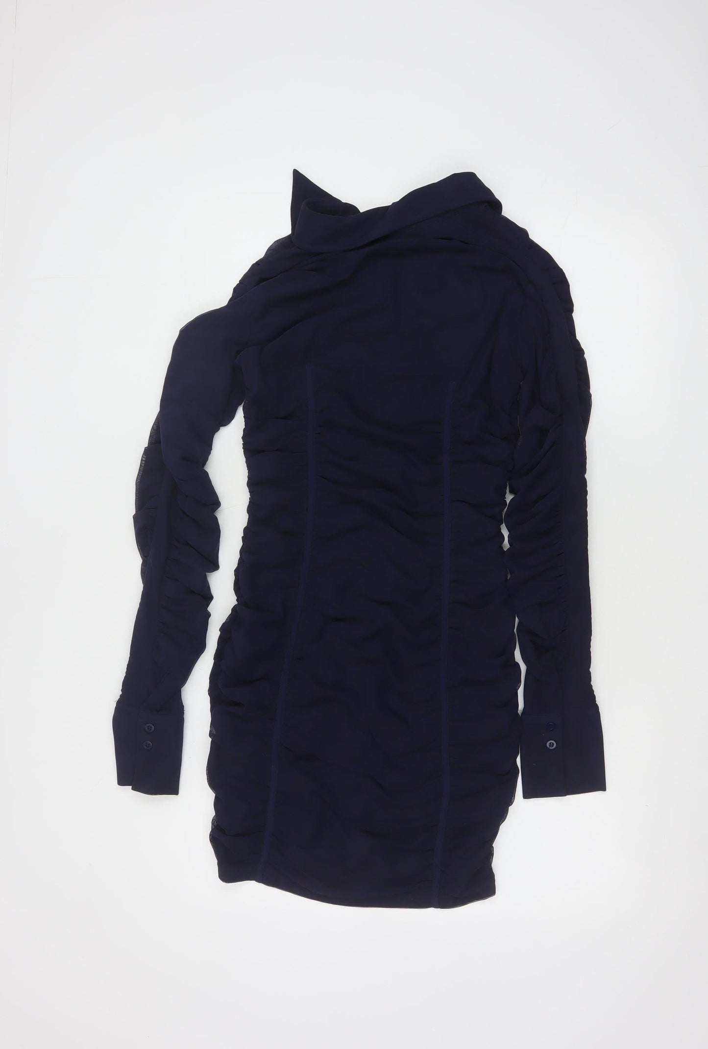 Zara Women Blue Size 10 Ruched Long Sleeve Shirt Dress
