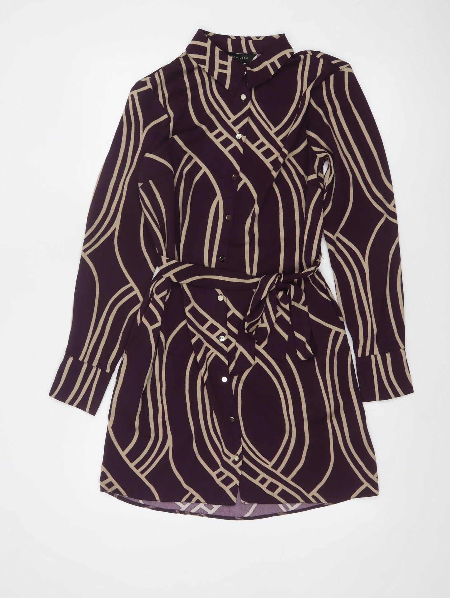 New Look Women Purple Beige Geometric Shirt Dress UK 8 Long Sleeve Belted
