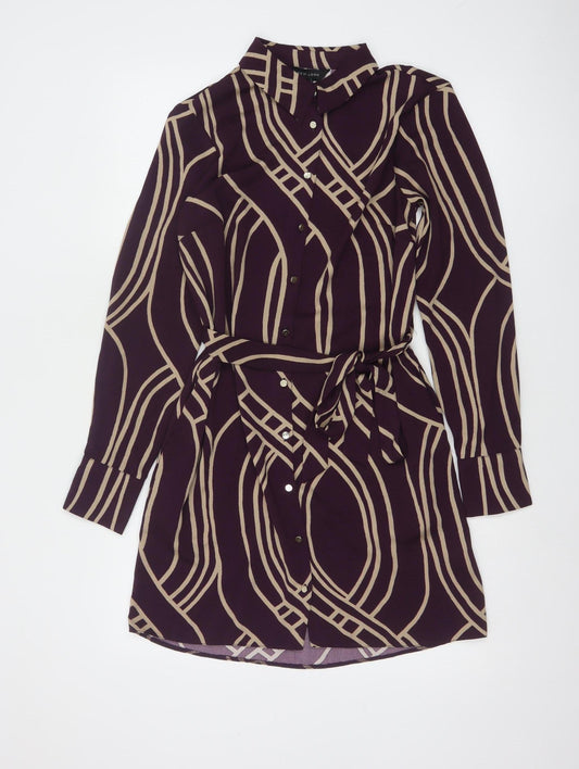 New Look Women Purple Beige Geometric Shirt Dress UK 8 Long Sleeve Belted