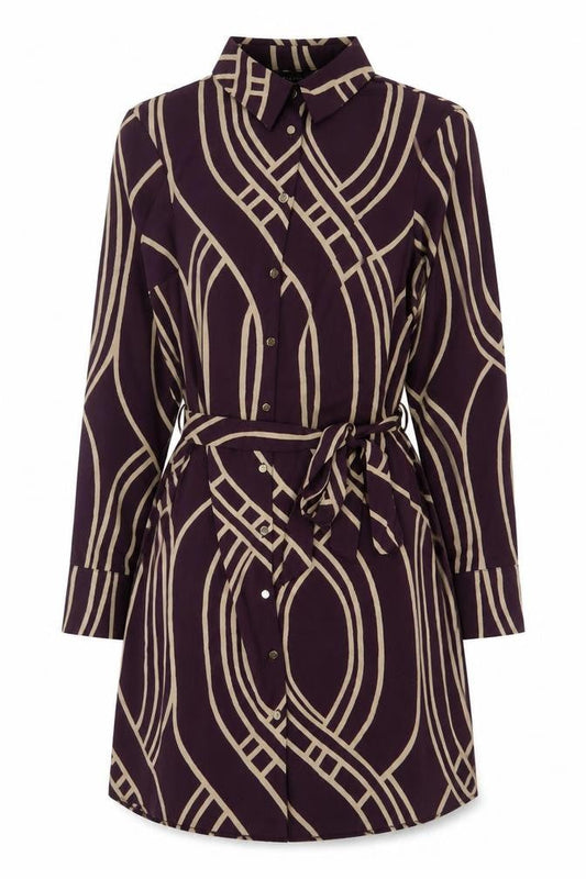 New Look Women Purple Beige Geometric Shirt Dress UK 8 Long Sleeve Belted