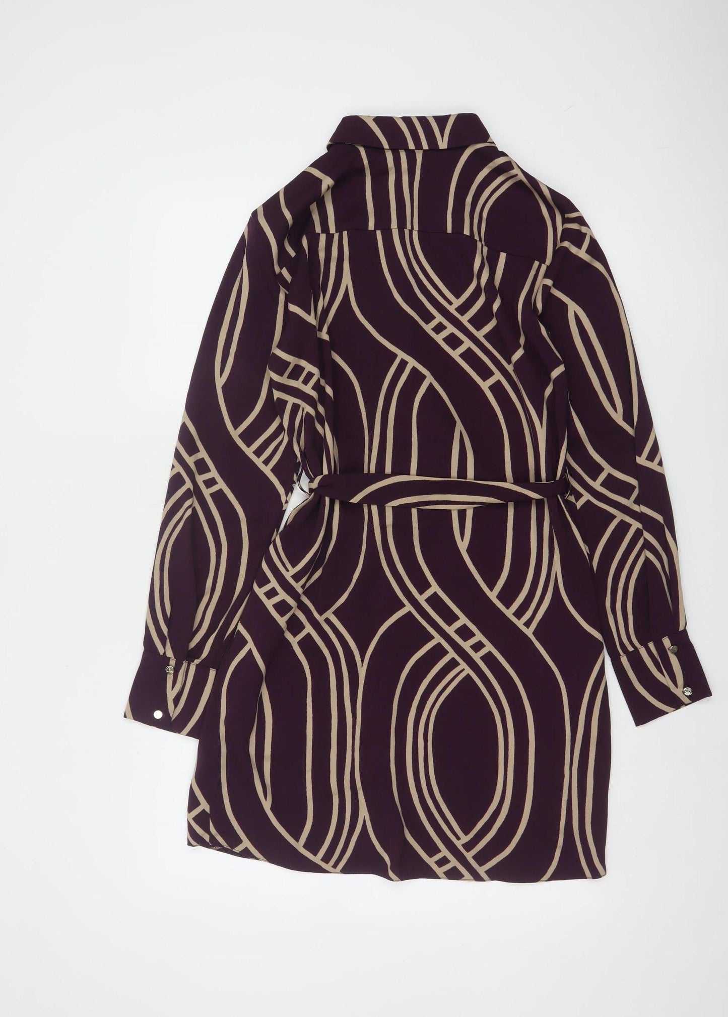 New Look Women Purple Beige Geometric Shirt Dress UK 8 Long Sleeve Belted