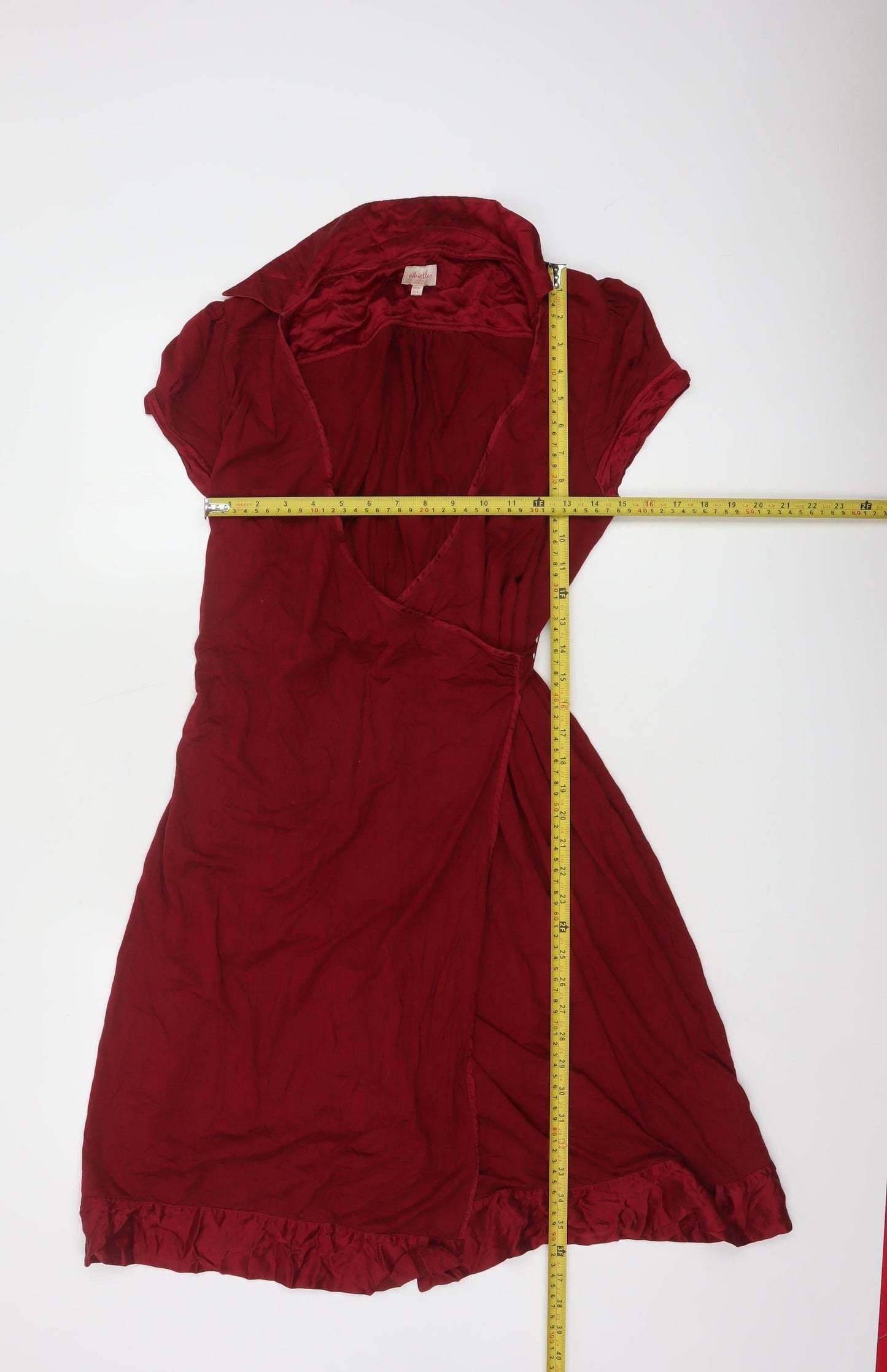 Whistles Women’s Red Wrap Dress Size 12 Short Sleeve Collared Ruffle Hem