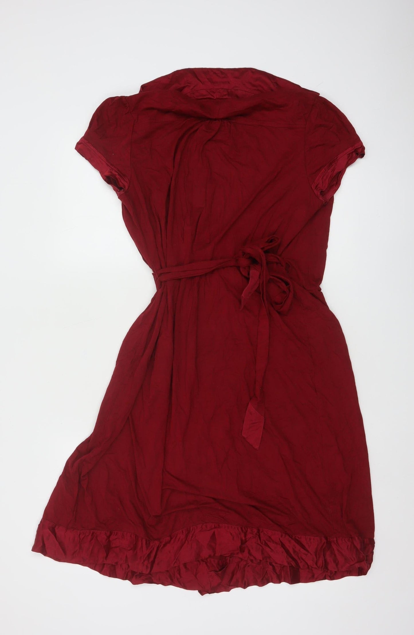 Whistles Women’s Red Wrap Dress Size 12 Short Sleeve Collared Ruffle Hem