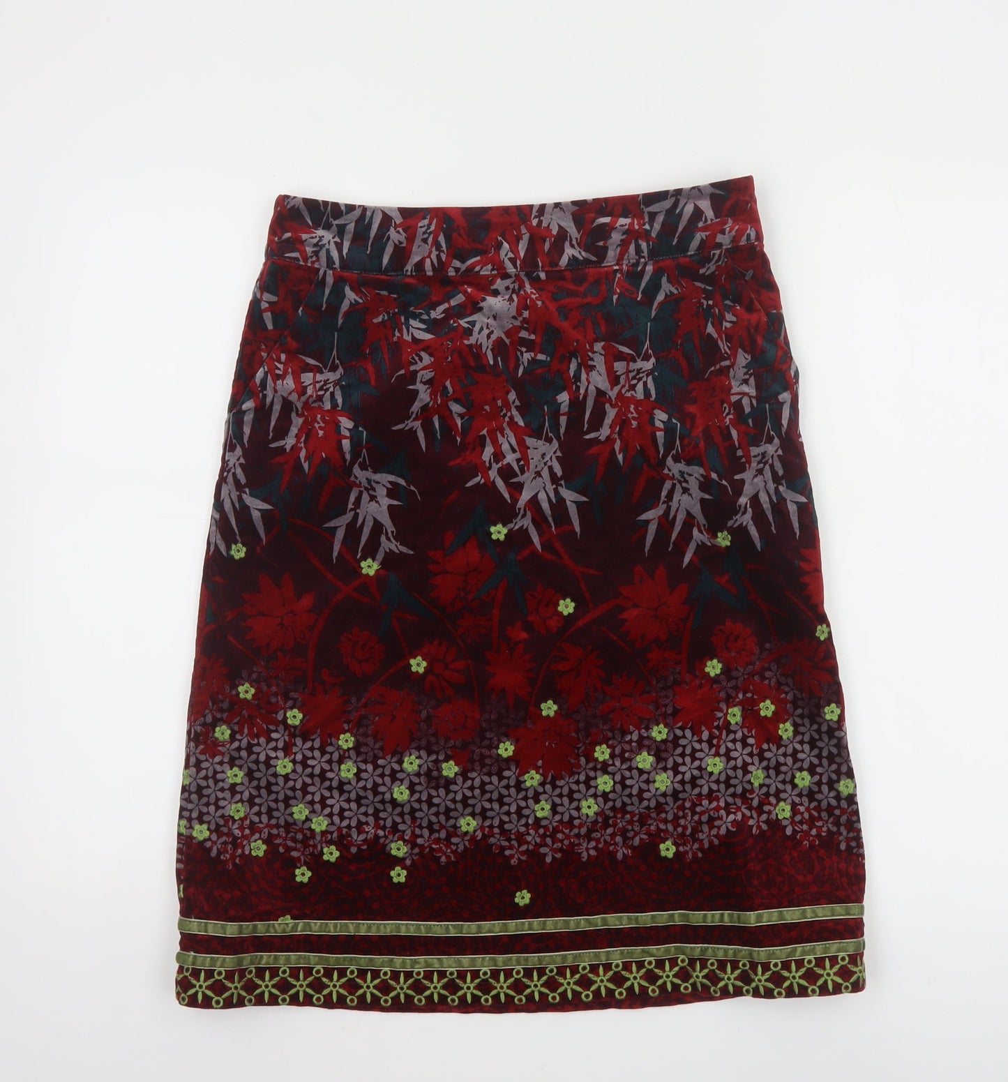 White Stuff Women's Red Floral Velvet Knee Length Skirt Size 8