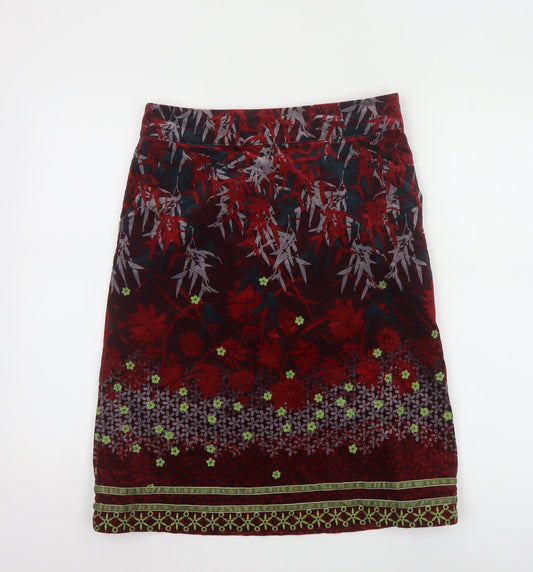 White Stuff Women's Red Floral Velvet Knee Length Skirt Size 8