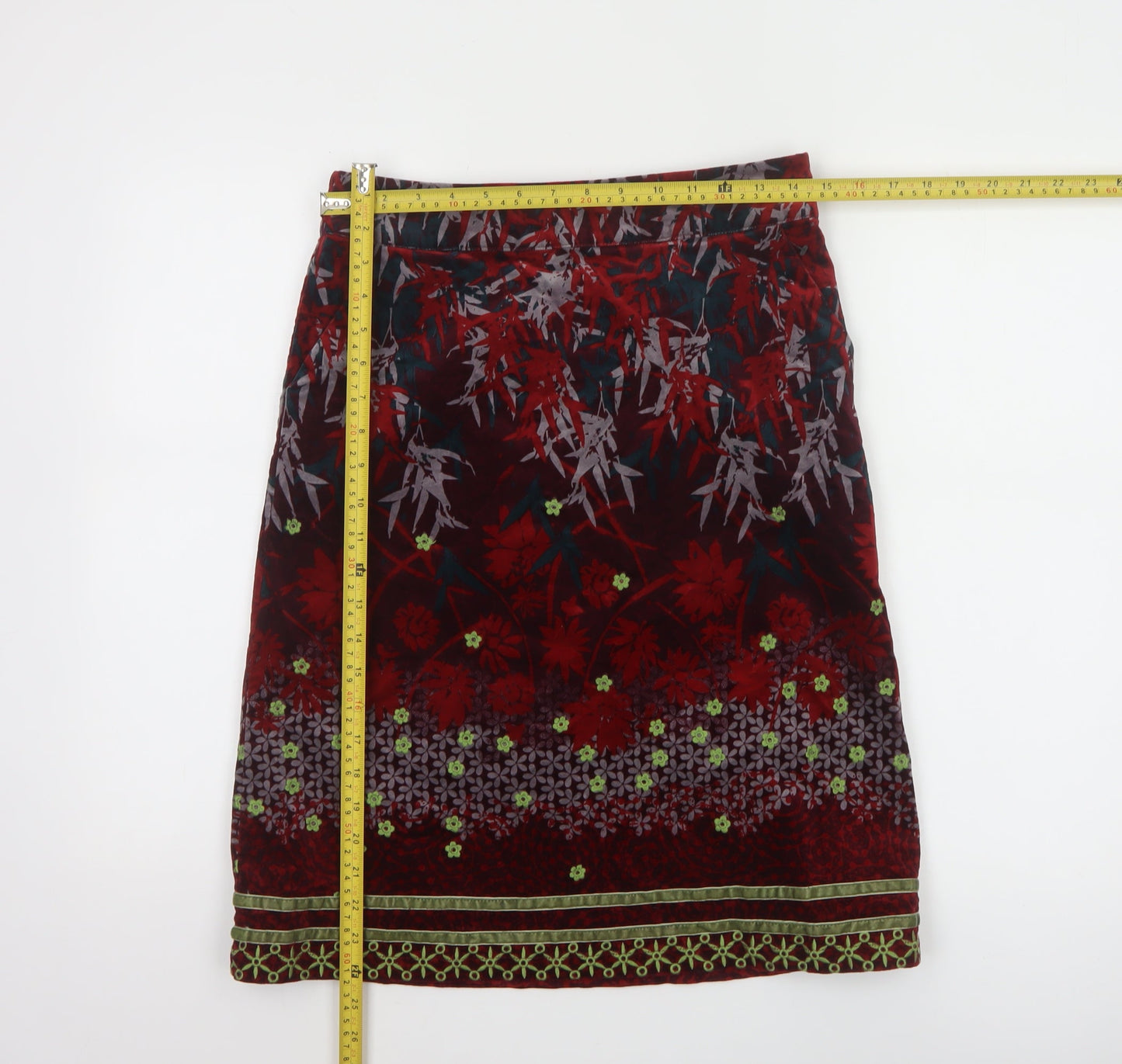 White Stuff Women's Red Floral Velvet Knee Length Skirt Size 8