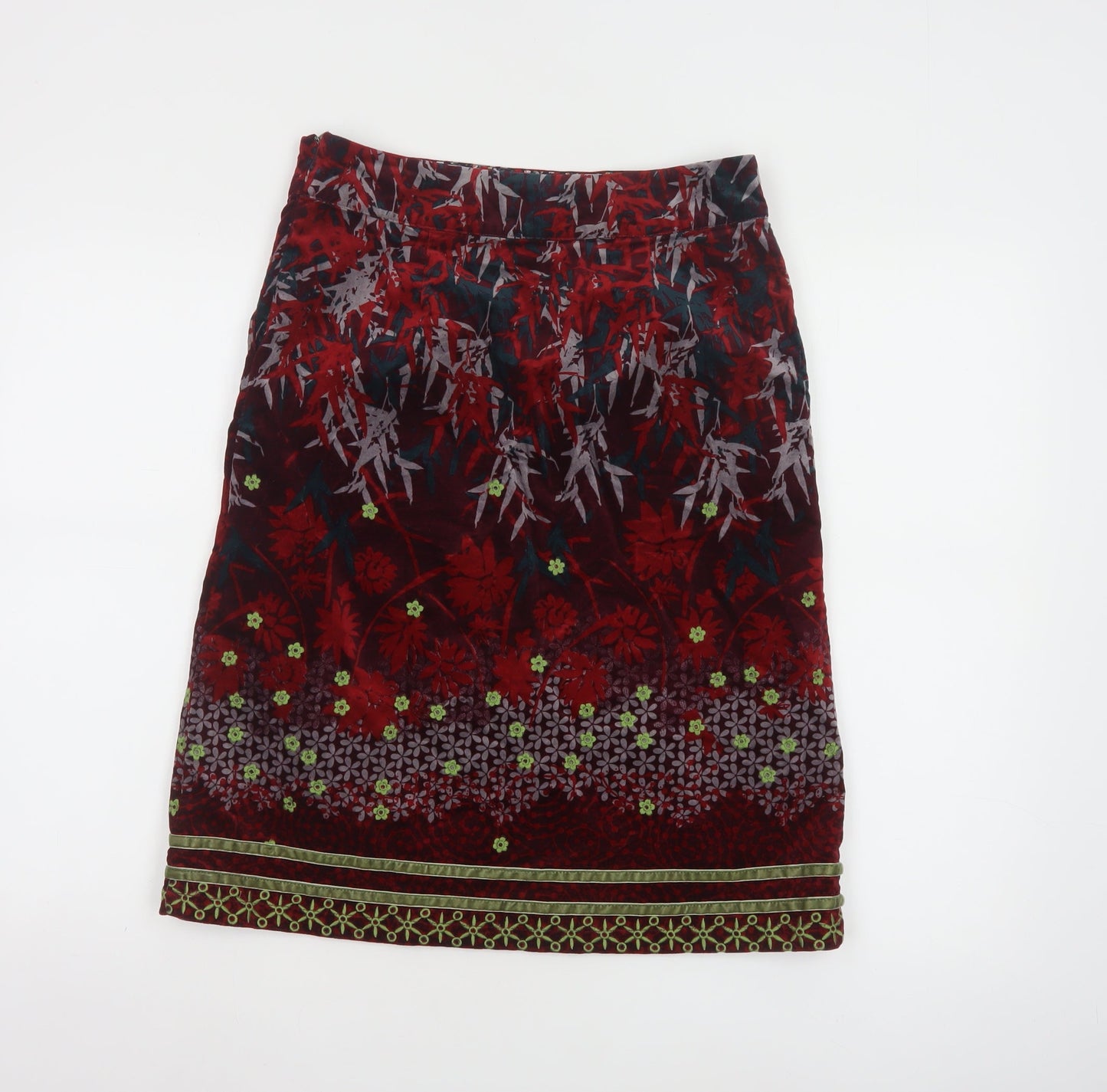 White Stuff Women's Red Floral Velvet Knee Length Skirt Size 8