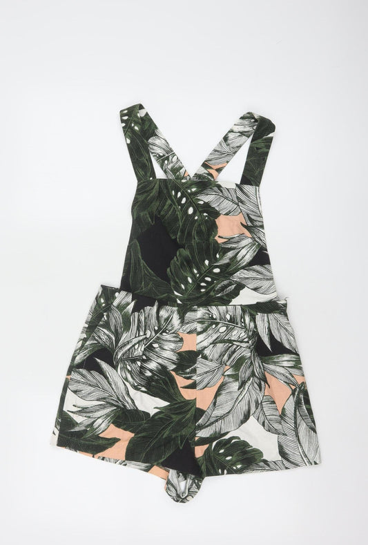 Preloved Topshop Women's Green Leaf Print Playsuit UK 8 Cotton Blend Summer Outfit - Front