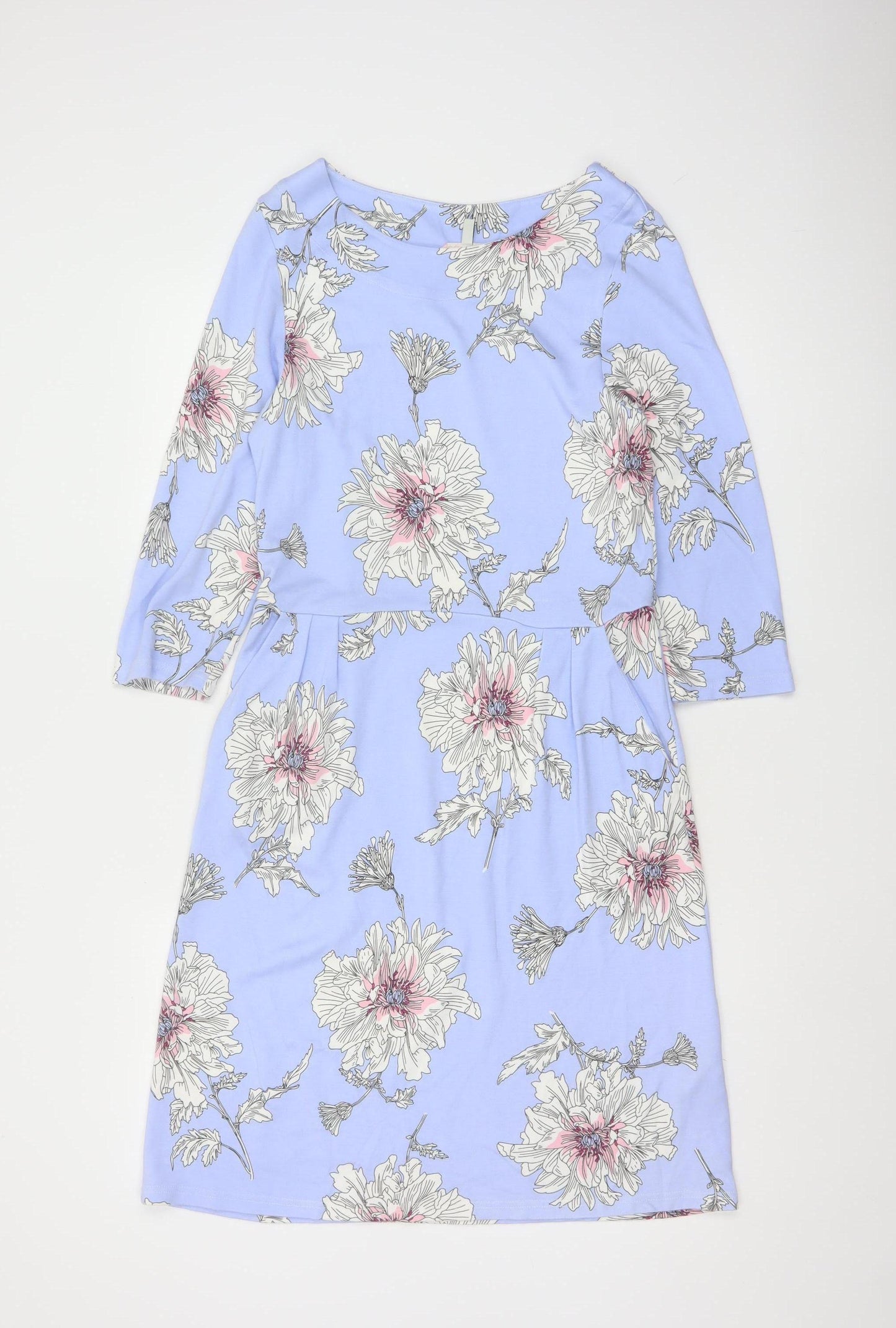 Joules Women Blue Floral Shift Dress Size 12 Knee Length 3/4 Sleeve
