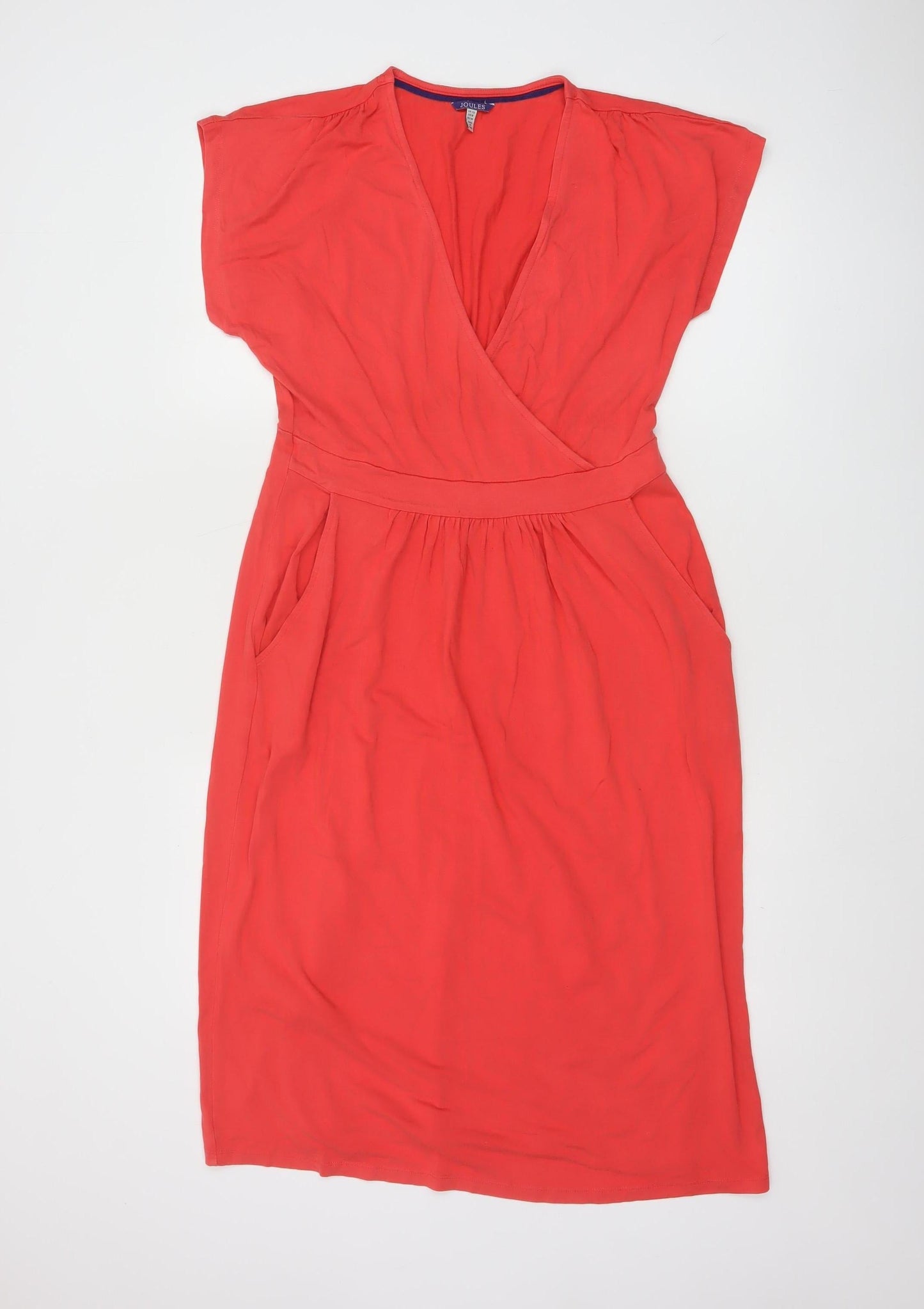 Joules Women Red Viscose Wrap Dress UK 12 Short Sleeve Knee Length