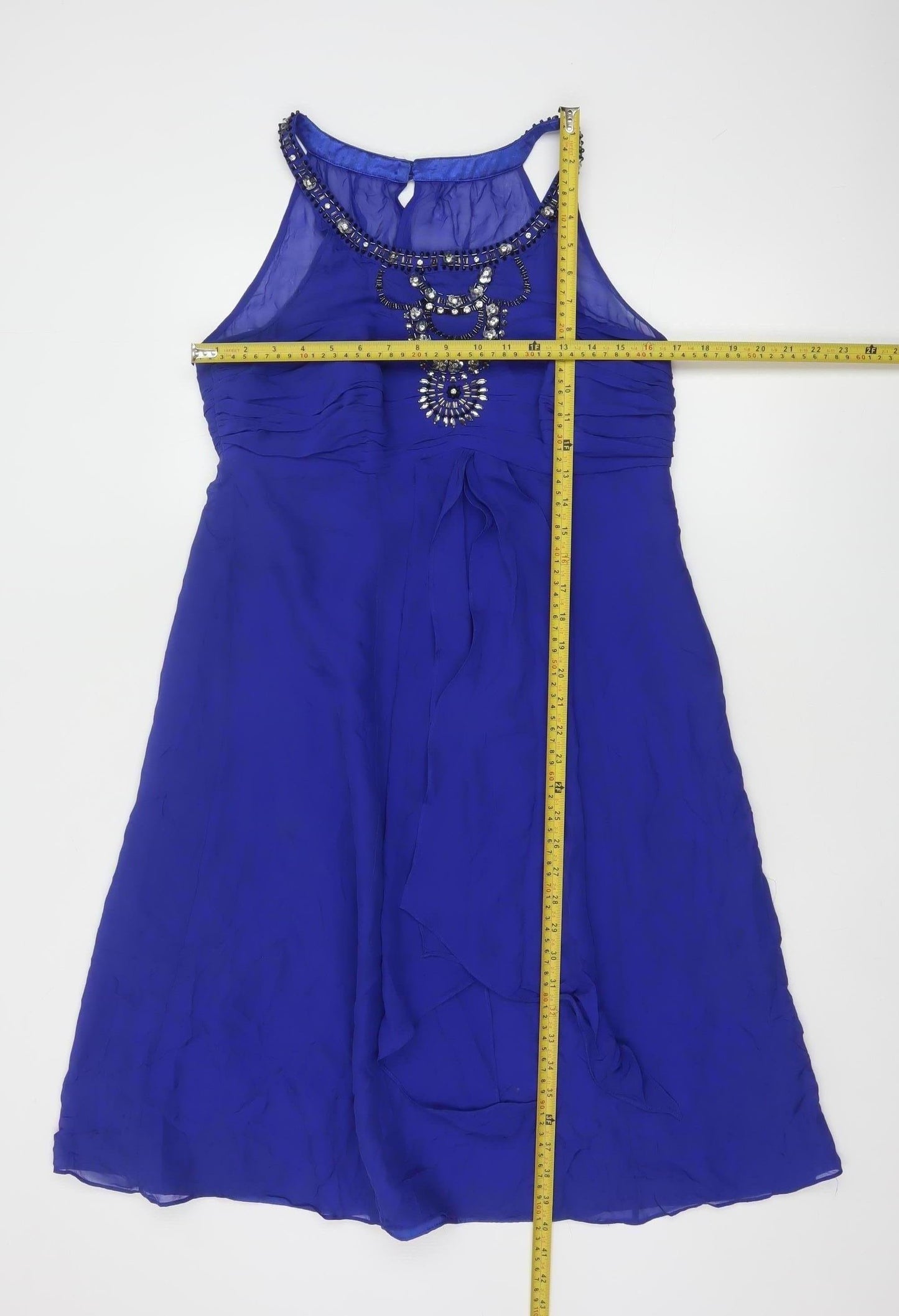 Monsoon Women Blue Silk Beaded Halter A-Line Dress Size 14