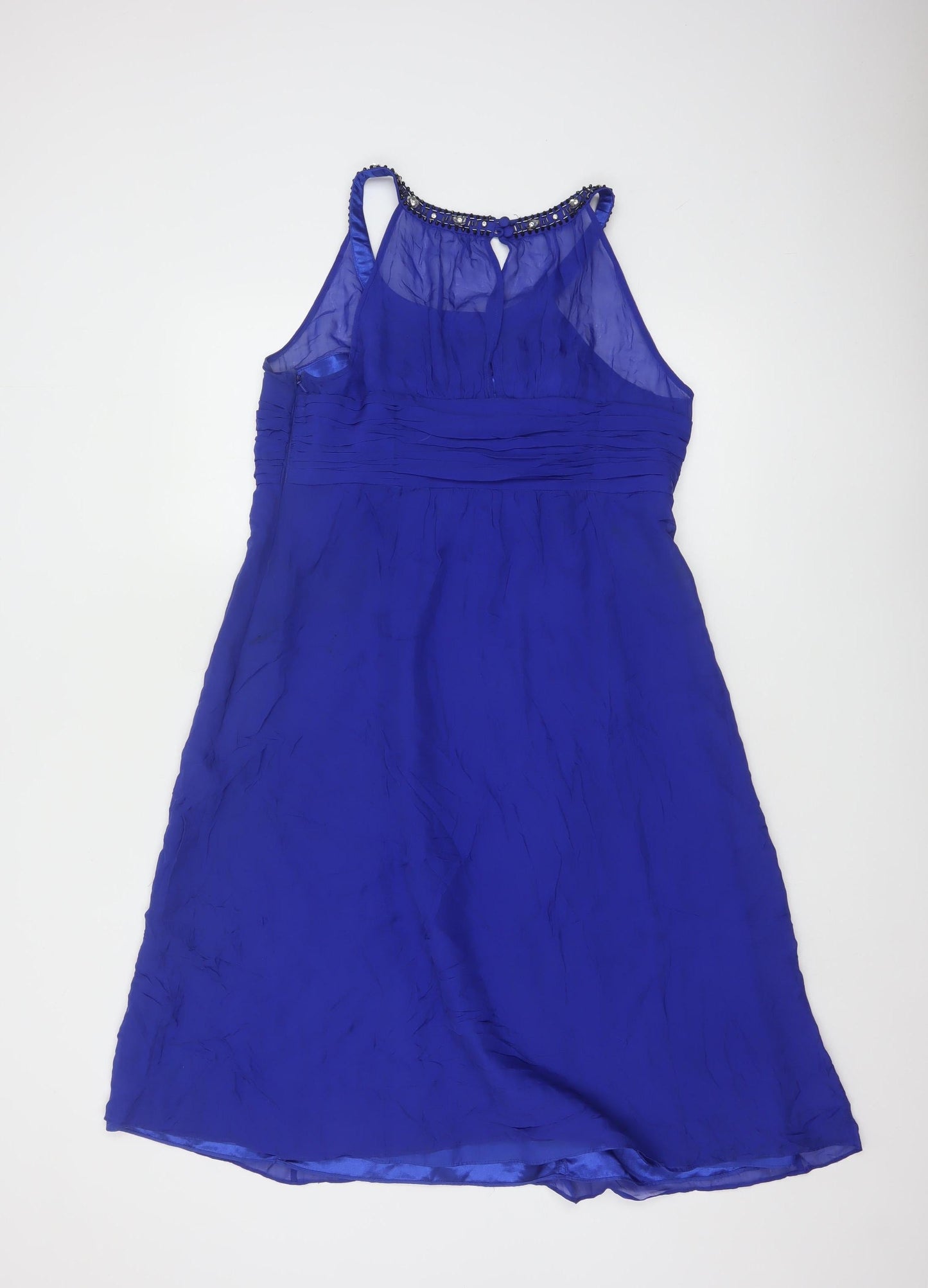 Monsoon Women Blue Silk Beaded Halter A-Line Dress Size 14