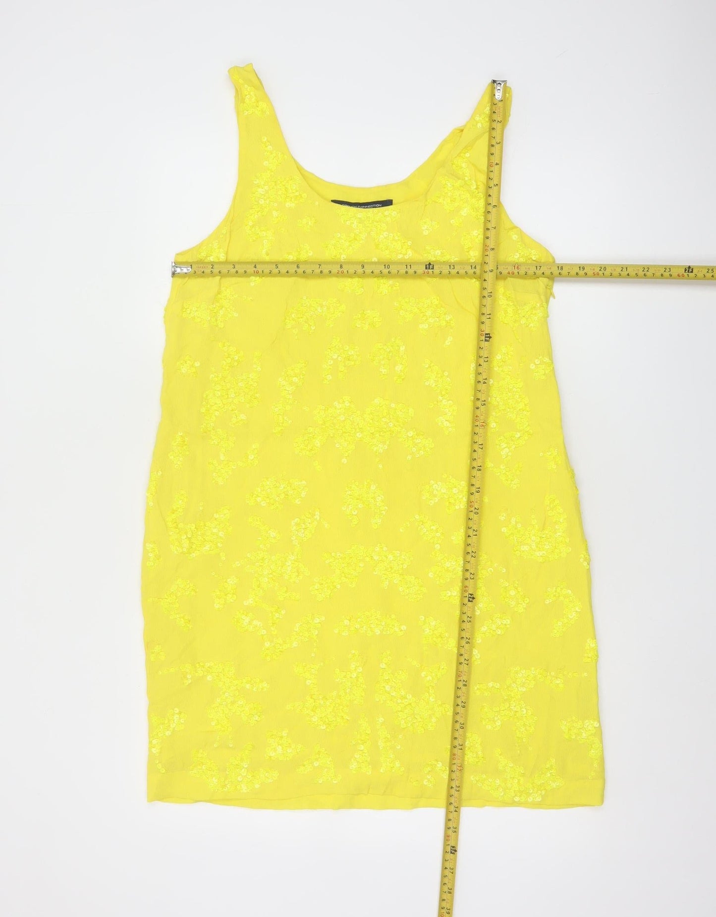 French Connection Women's Yellow Sequin Shift Dress Size 14