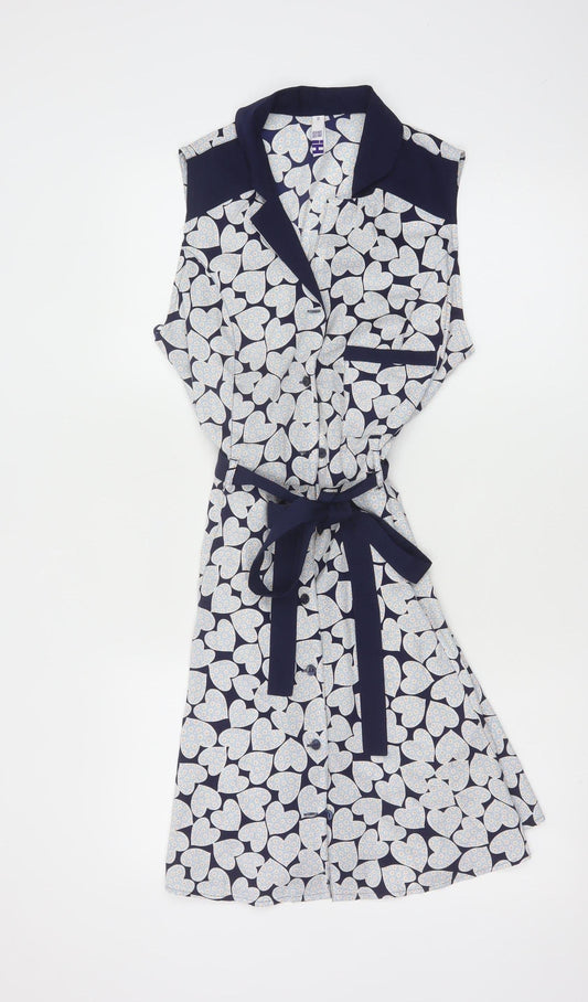 Henry Holland Women's Blue Heart Print Sleeveless Shirt Dress Size 12